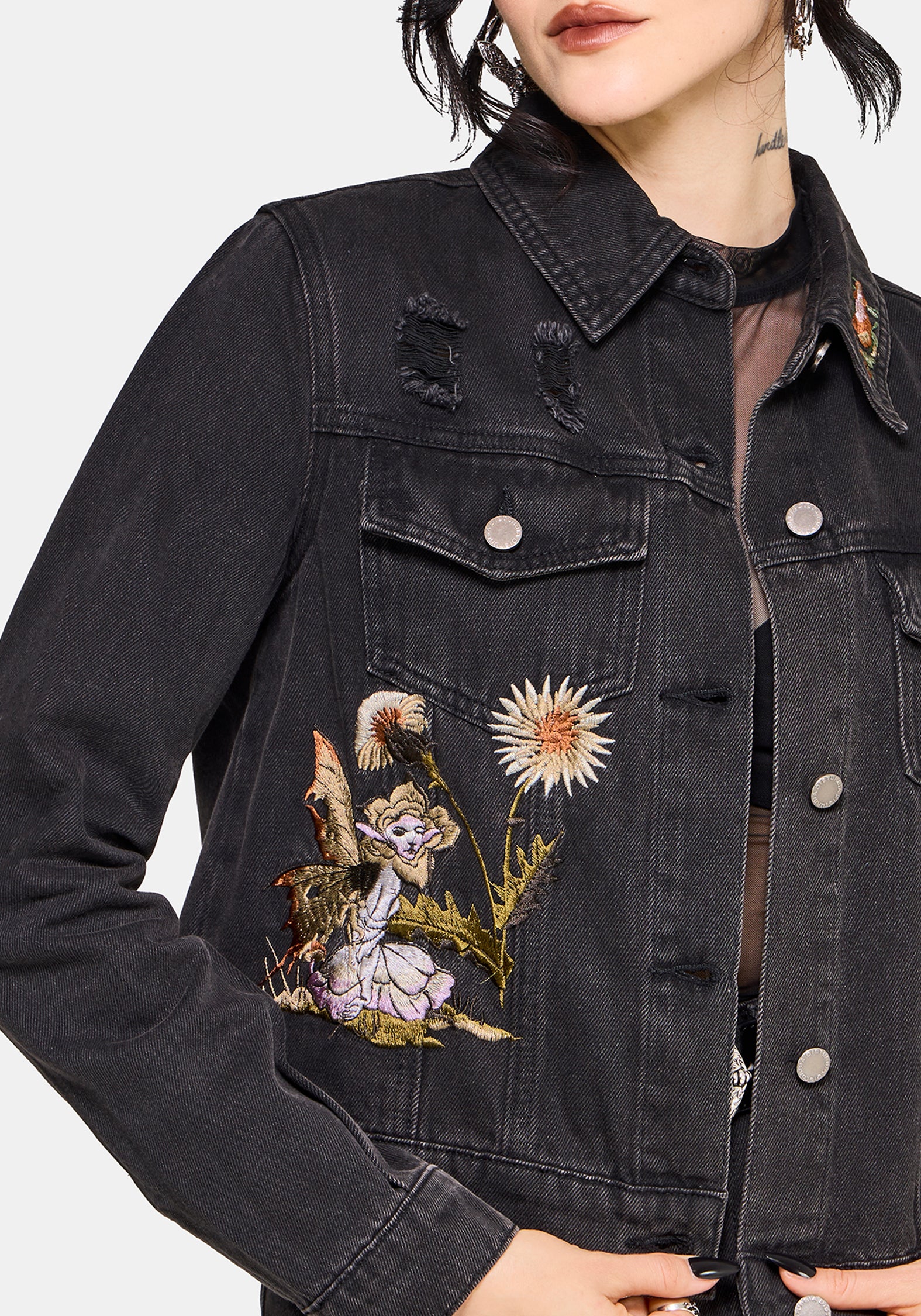 Faela Fee Bestickt Abgenutzt Denim Jacke - Image 4