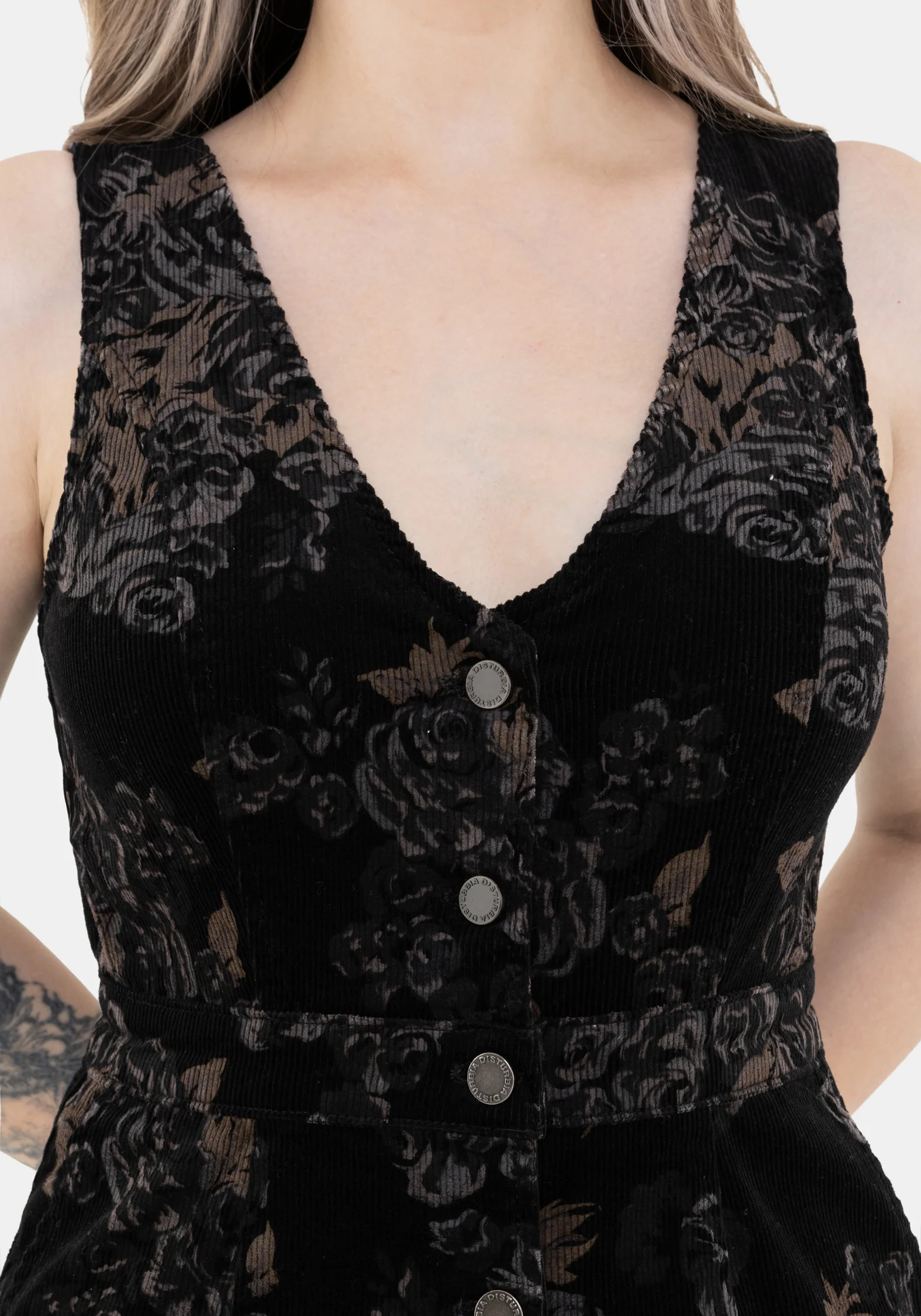 Fleur Cord Tief V Hals Blumenmuster Druck Mini Kleid - Image 2