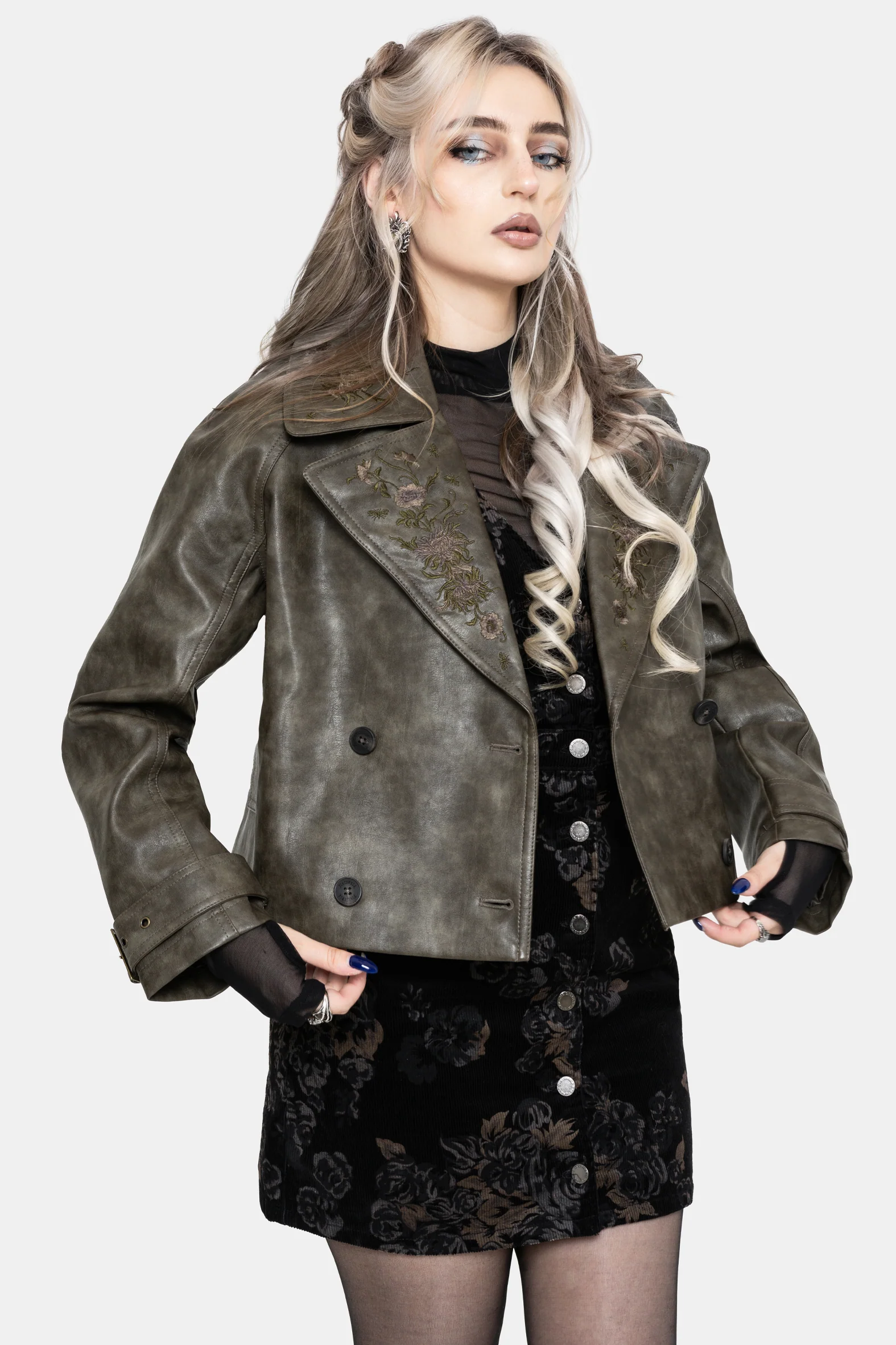 Fleux Bestickt Kurz Geschnitten Kunst- Leder Trench Jacke - Image 10
