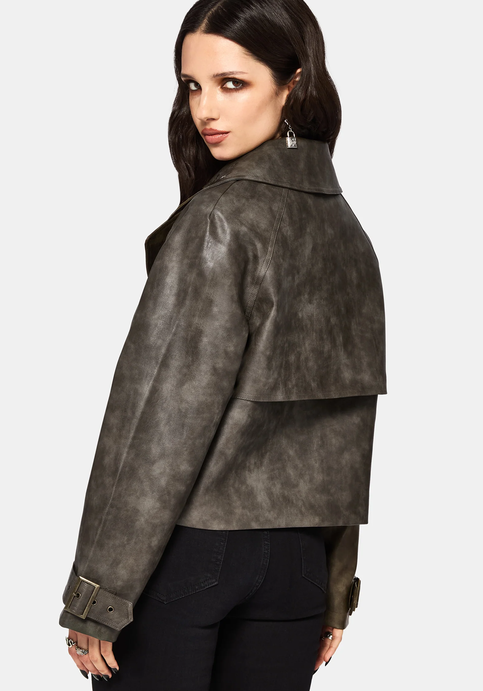 Fleux Bestickt Kurz Geschnitten Kunst- Leder Trench Jacke - Image 3