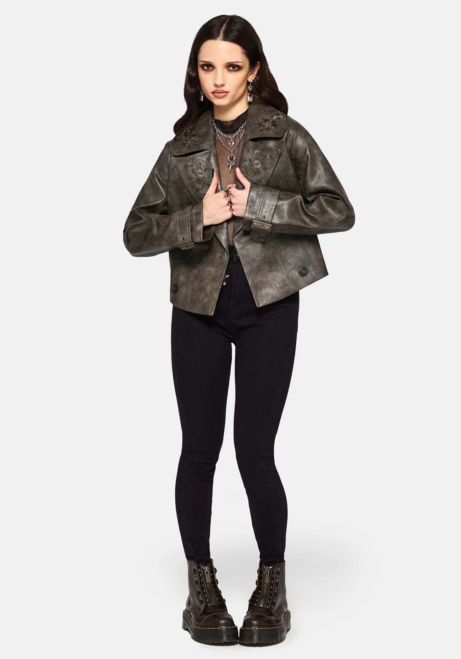 Fleux Bestickt Kurz Geschnitten Kunst- Leder Trench Jacke - Image 7