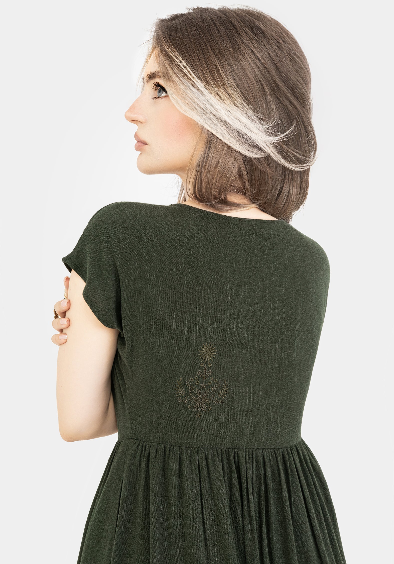 Foliate Leinenmischung Bestickt Knopf Hoch Midi Kleid - Grün - Image 5