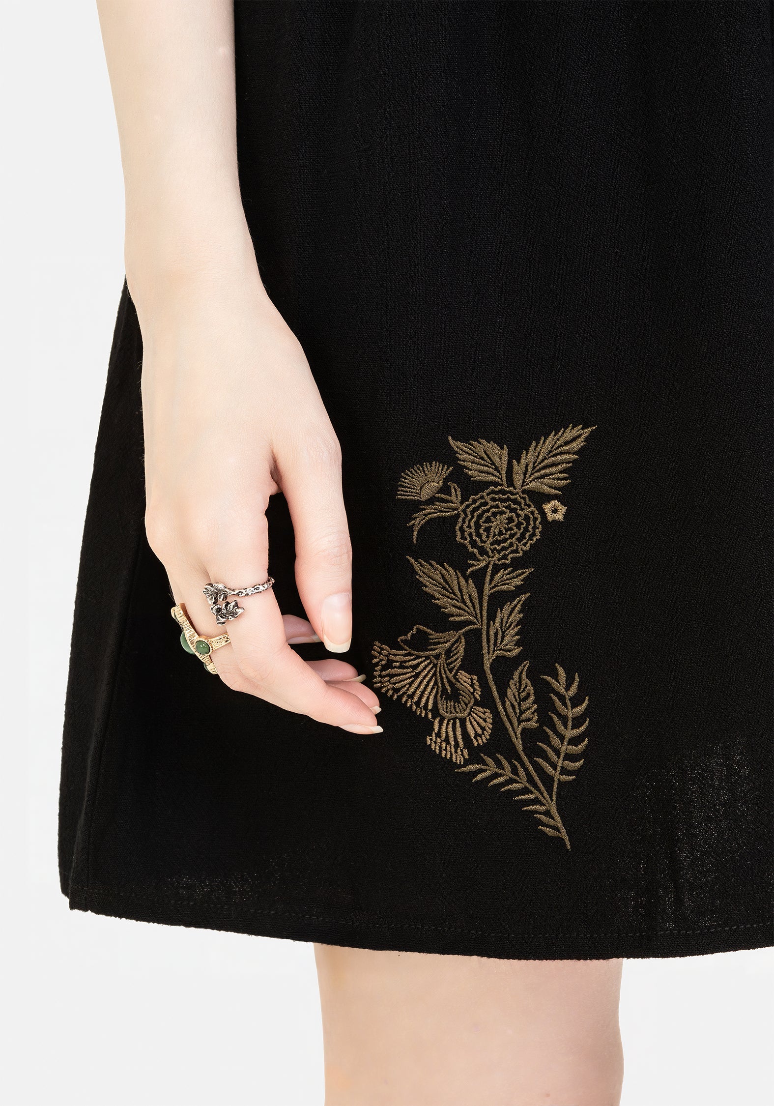 Foliate Leinenmischung Bestickt Knopf Hoch Mini Kleid - Schwarz - Image 9