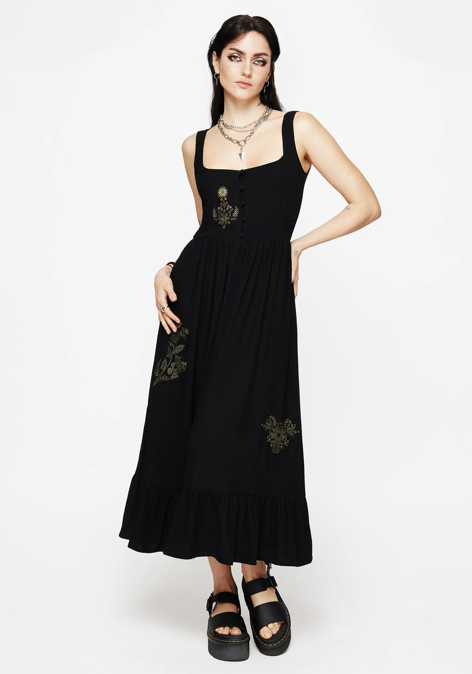 Foliate Leinenmischung Bestickt Ärmellos Midi Kleid - Schwarz - Image 4