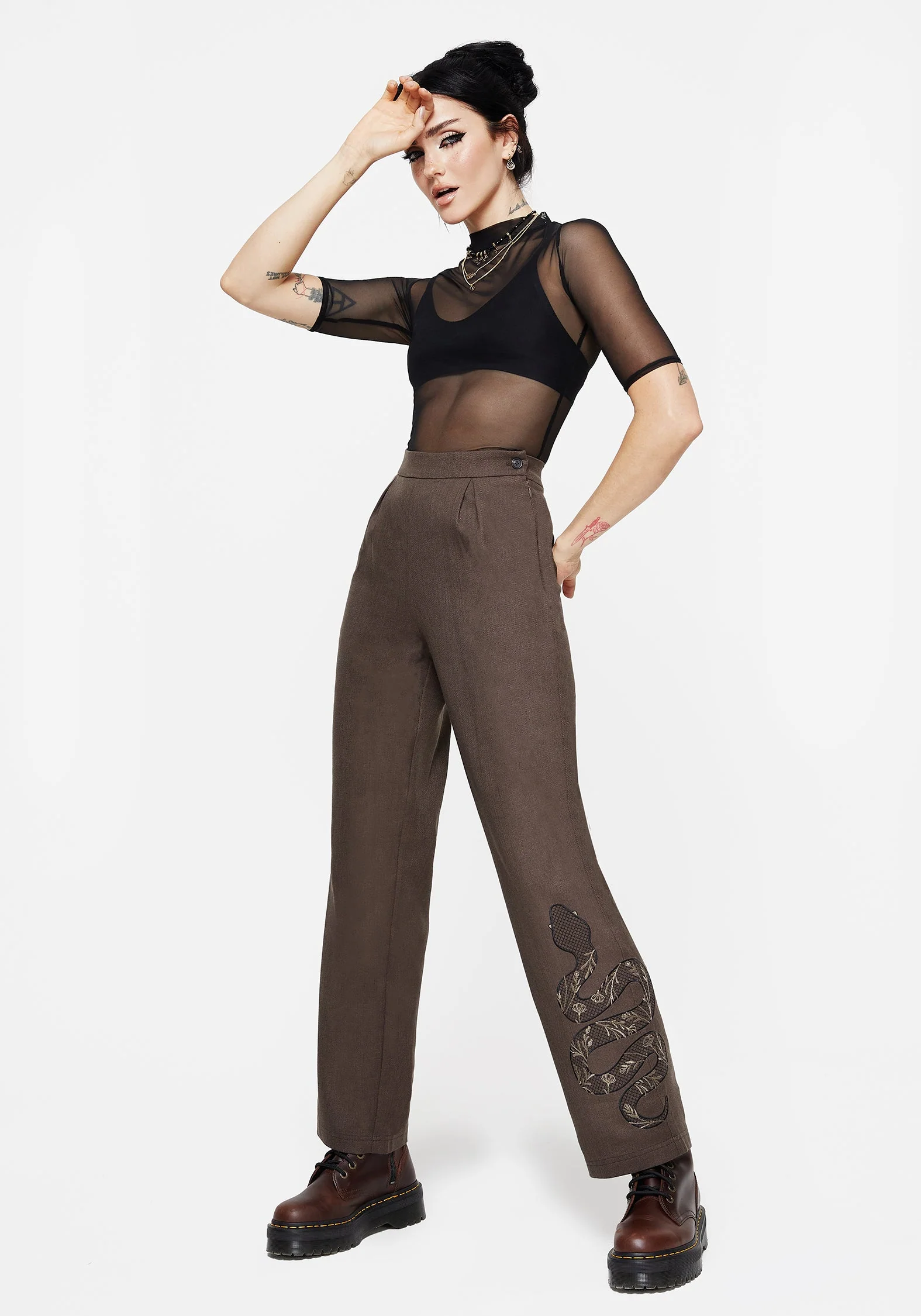 Gaia Leinen Mischung Schlange Bestickt Weit Bein Hose - Image 4