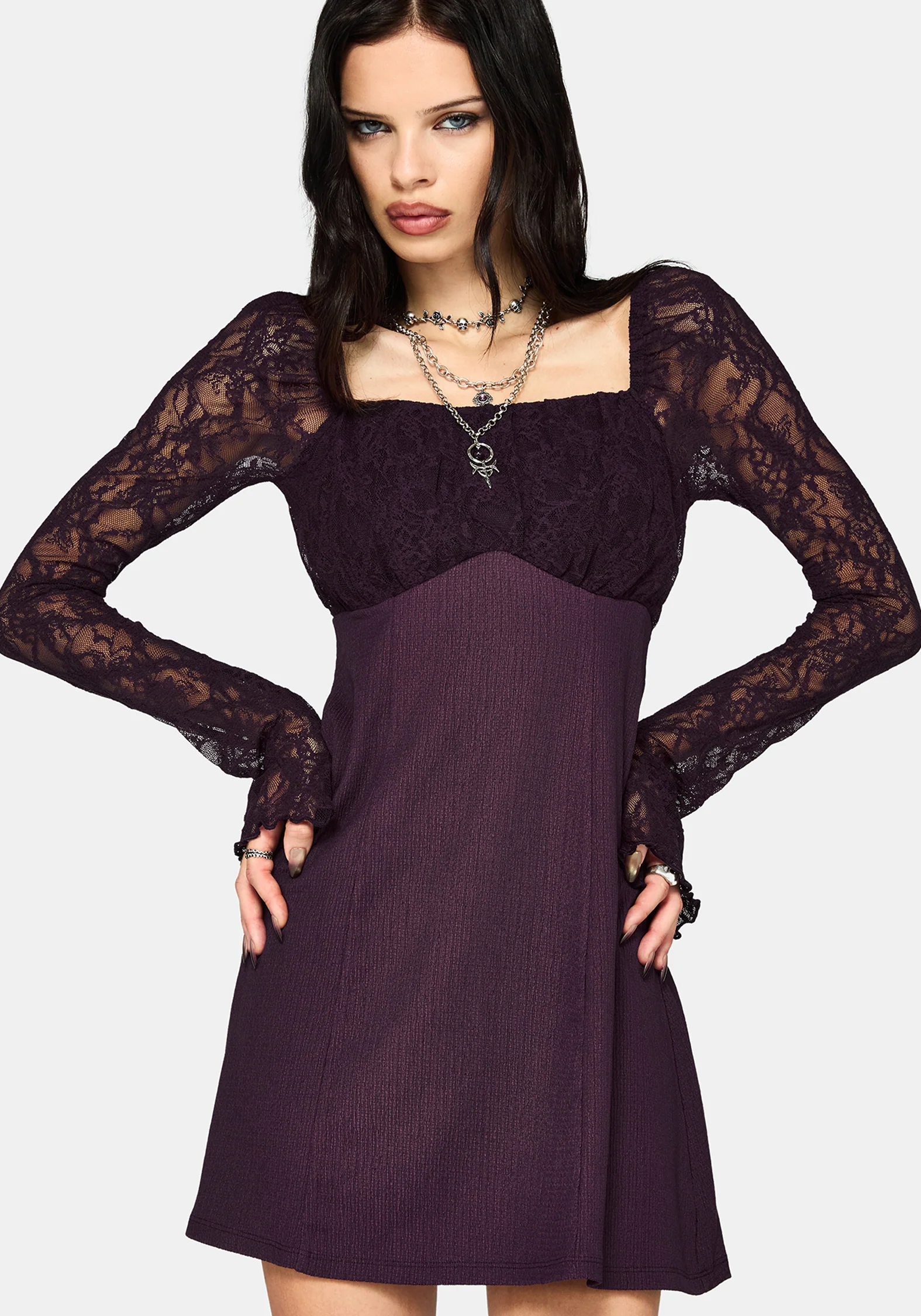 Georgina Empire Waist Lace Sleeve Mini Dress - Image 7