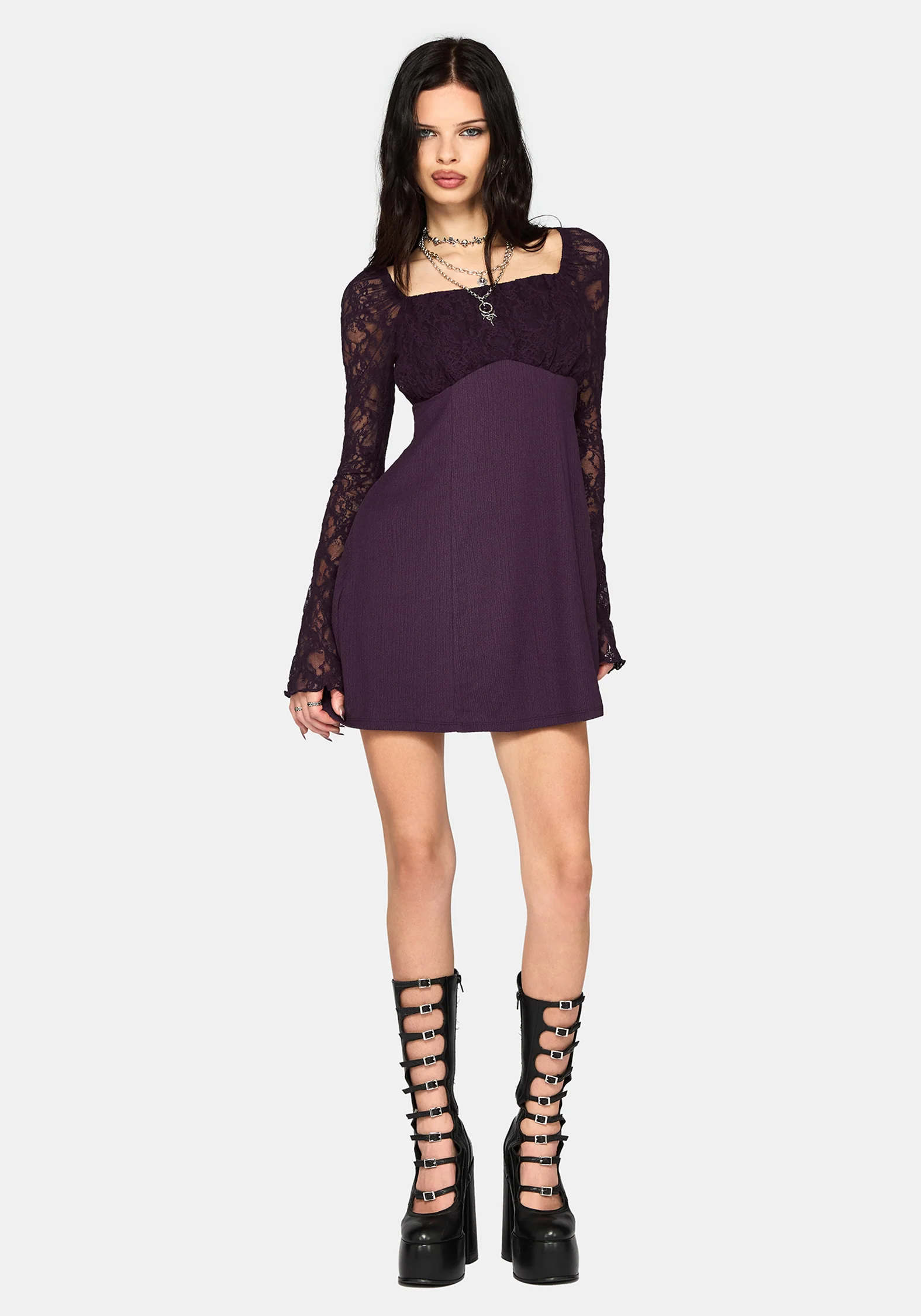 Georgina Empire Waist Lace Sleeve Mini Dress - Image 8