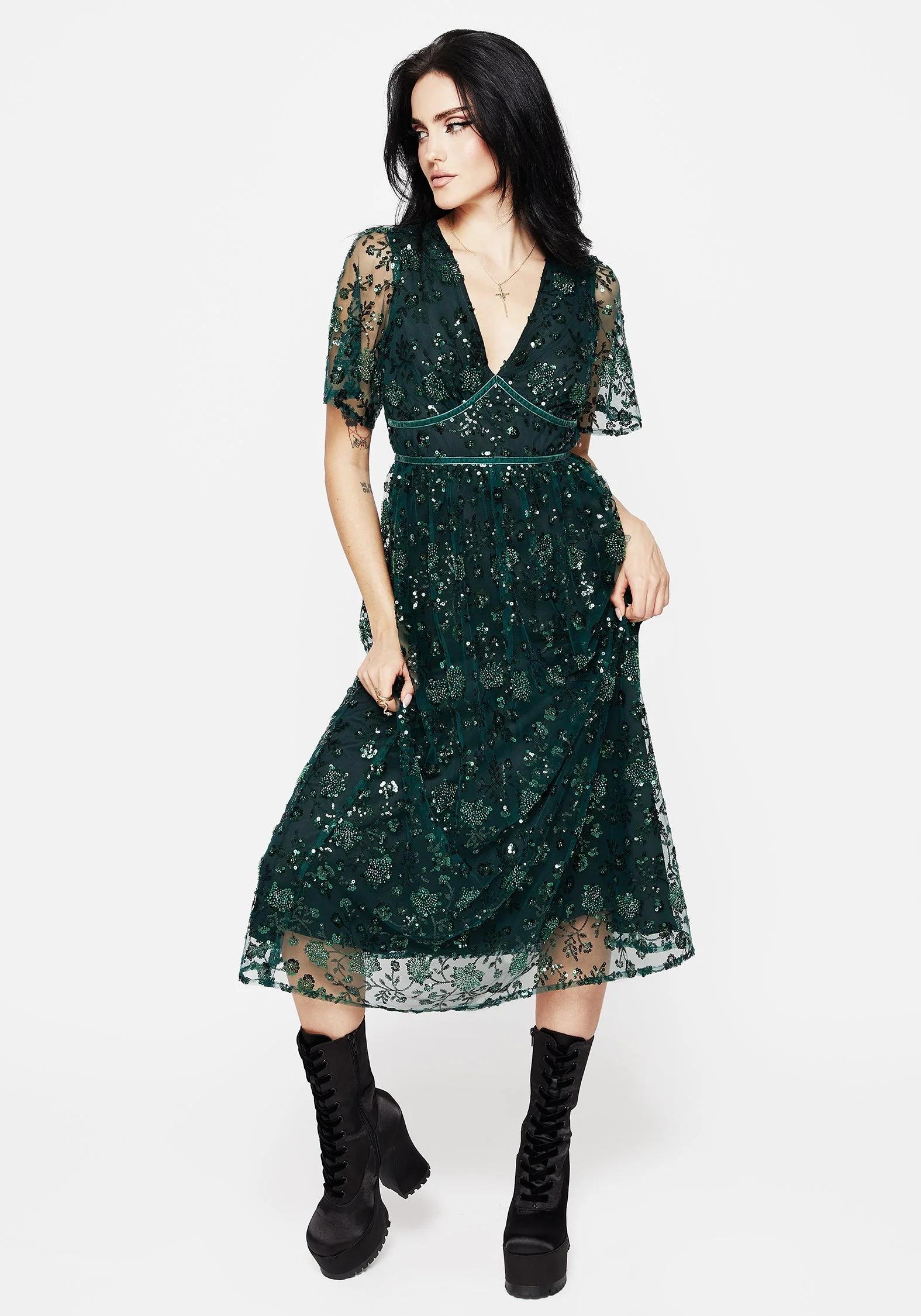 Glimmer Bestickt Pailletten Spitze Engel Ärmel Midaxi-Kleid Kleid - Image 6