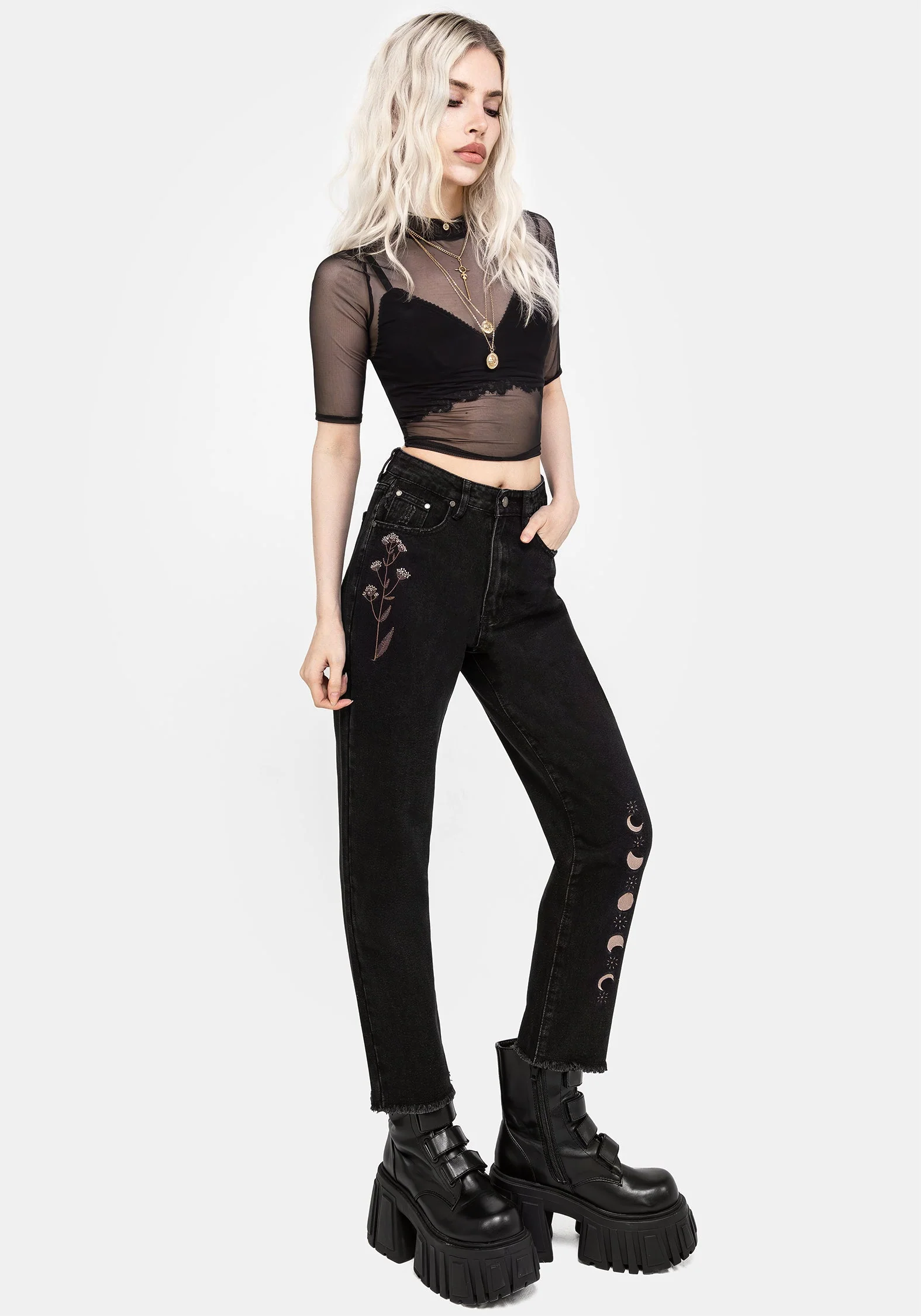 Griffinfly Bestickt Abgenutzt Denim Mom Jeans - Image 5
