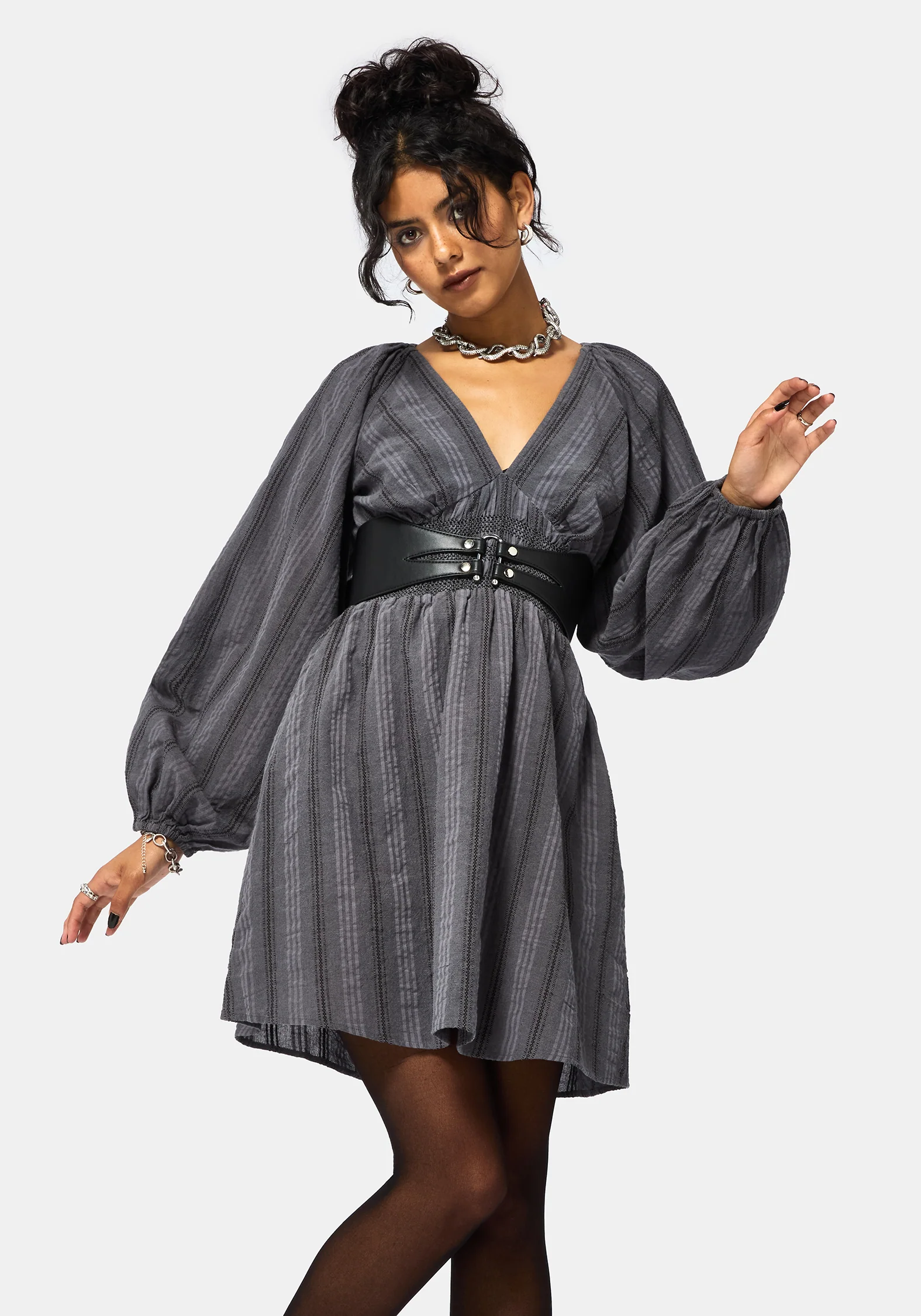 Grove Baumwolle Mischung Streifen Rüsche Mini Kleid - Image 4