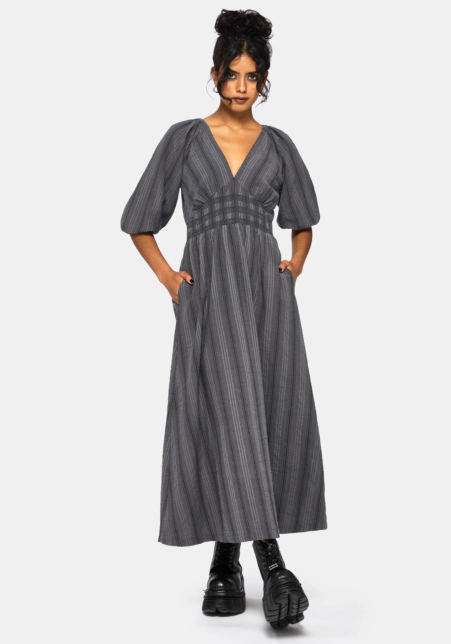 Grove Baumwolle Streifen Lang Ärmel Gerafft Krawatte Rücken Midaxi Kleid