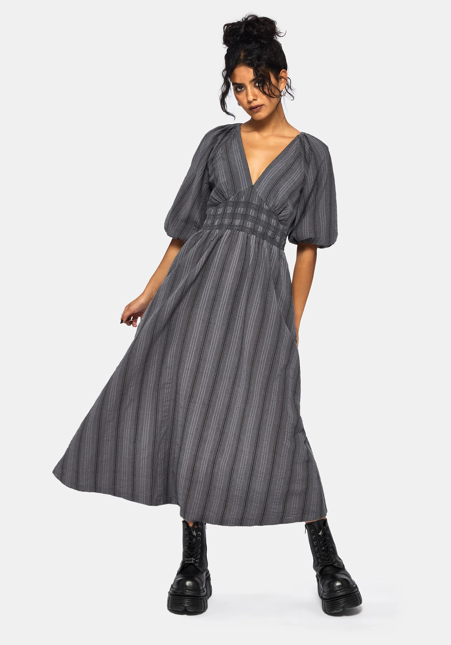 Grove Baumwolle Streifen Lang Ärmel Gerafft Krawatte Rücken Midaxi Kleid - Image 6
