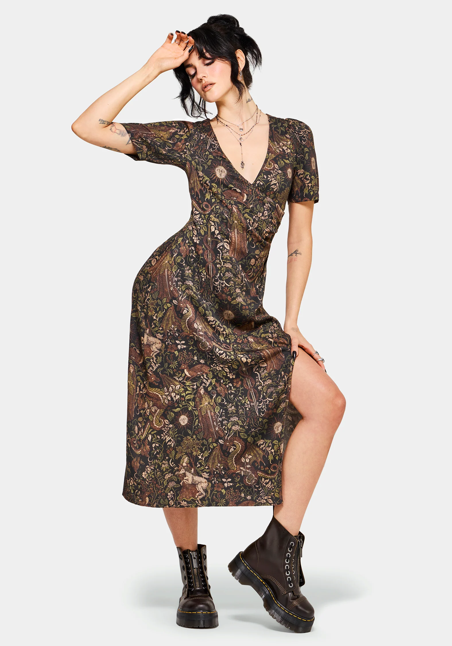 Haunt Mittelalterlich Druck Wickel Midi Hemd Kleid