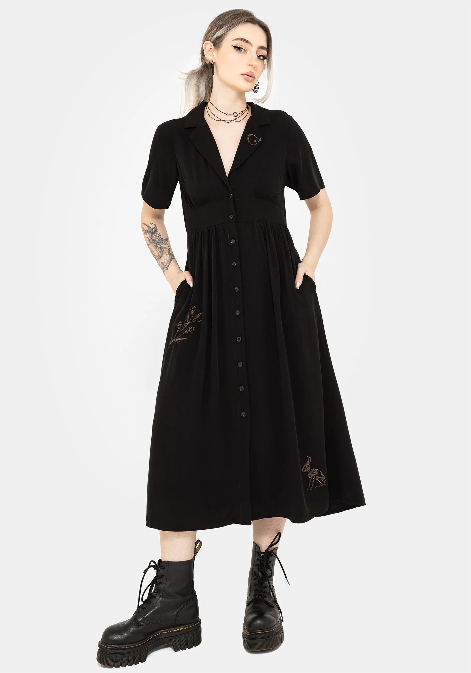 Hester Bestickt Knopf Hoch Midi Hemd Kleid
