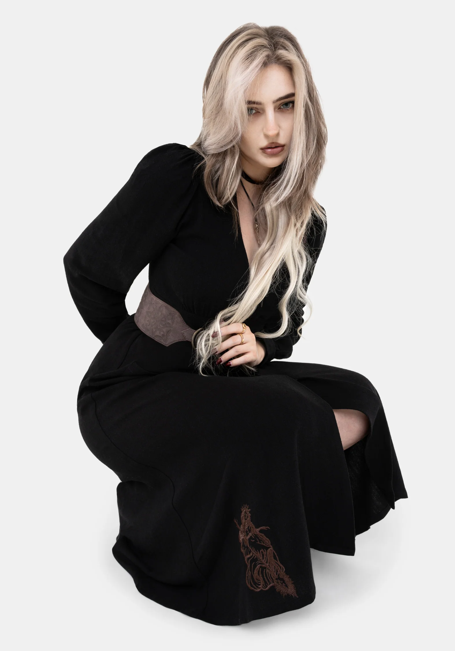 Hexborn Leinenmischung Baba Yaga Bestickt Midi Kleid - Image 8