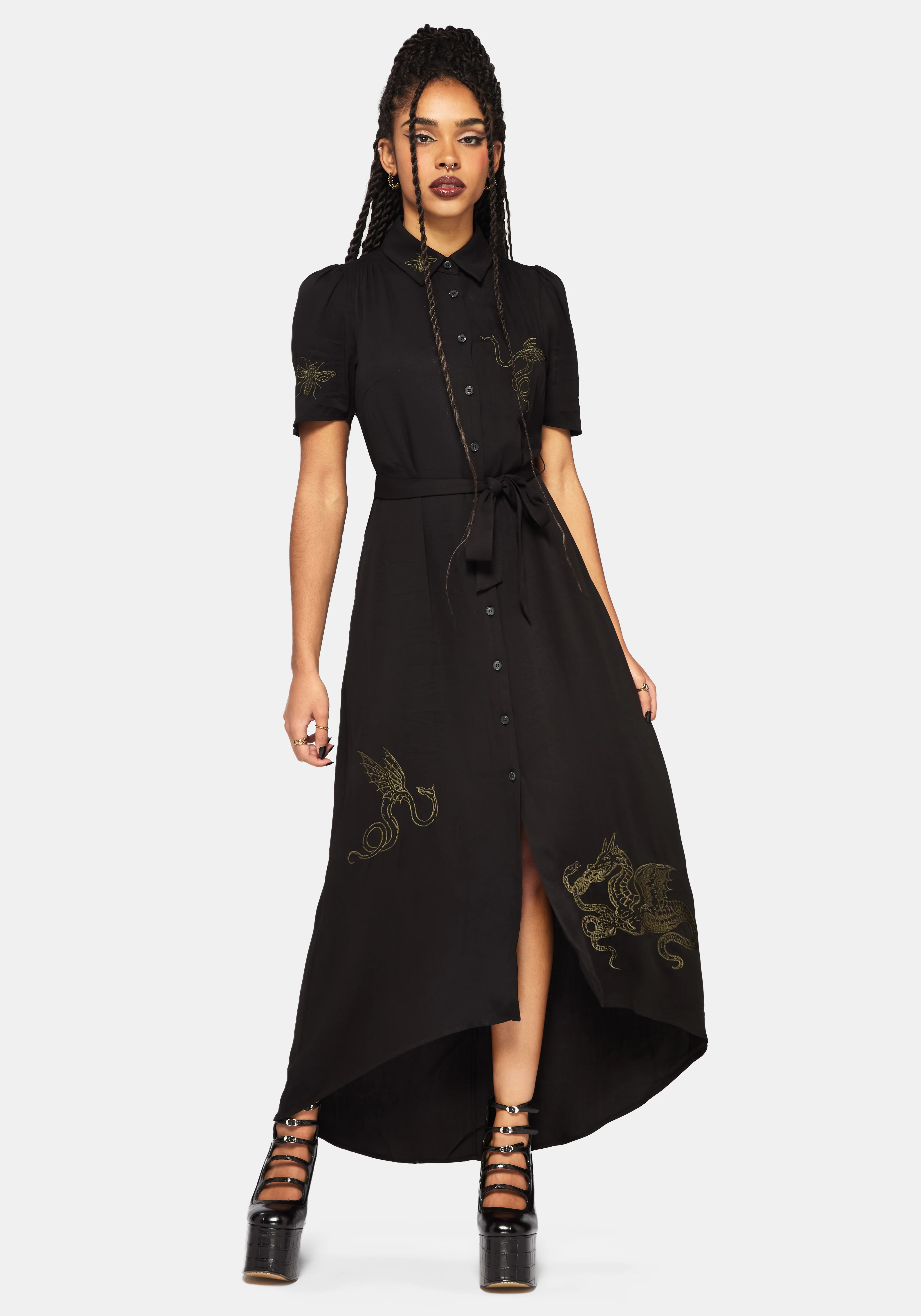 Isara Drache Bestickt Hoch Low Midaxi Hemd Kleid