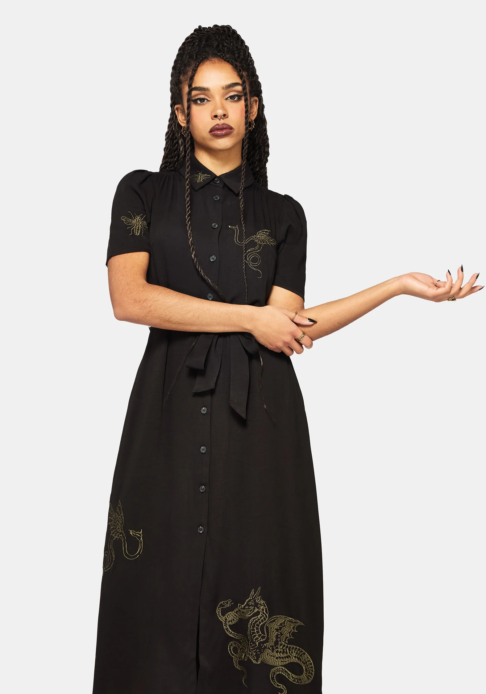 Isara Drache Bestickt Hoch Low Midaxi Hemd Kleid - Image 6