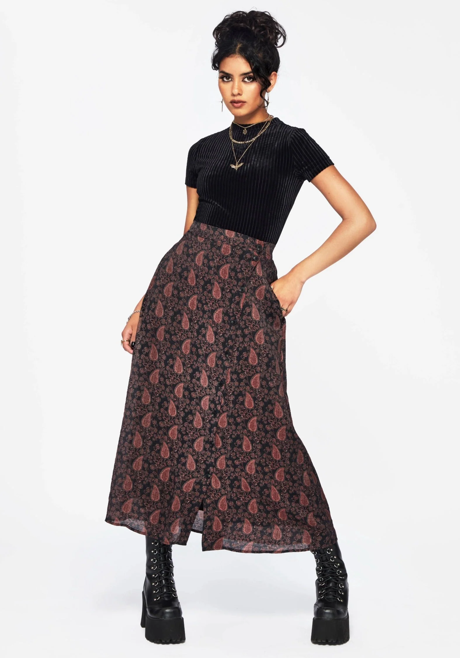 Isola Paisley Druck Asymmetrisch Knopf Hoch Midaxi Rock - Image 4