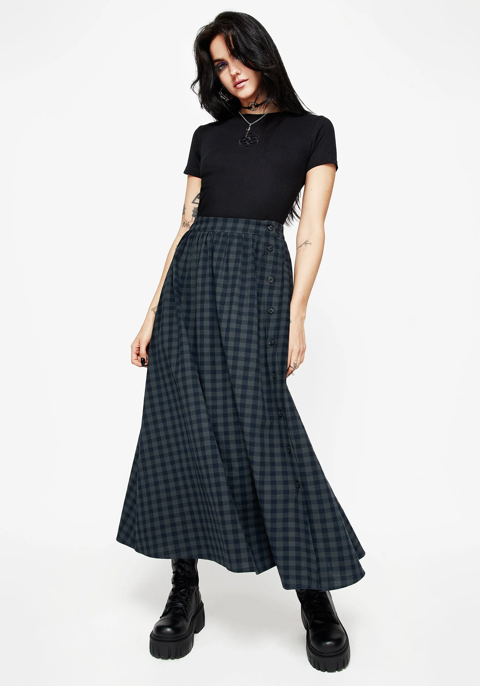 Jeannie Prüfen Baumwolle Knopf Hoch Midaxi-Kleid Rock - Image 4