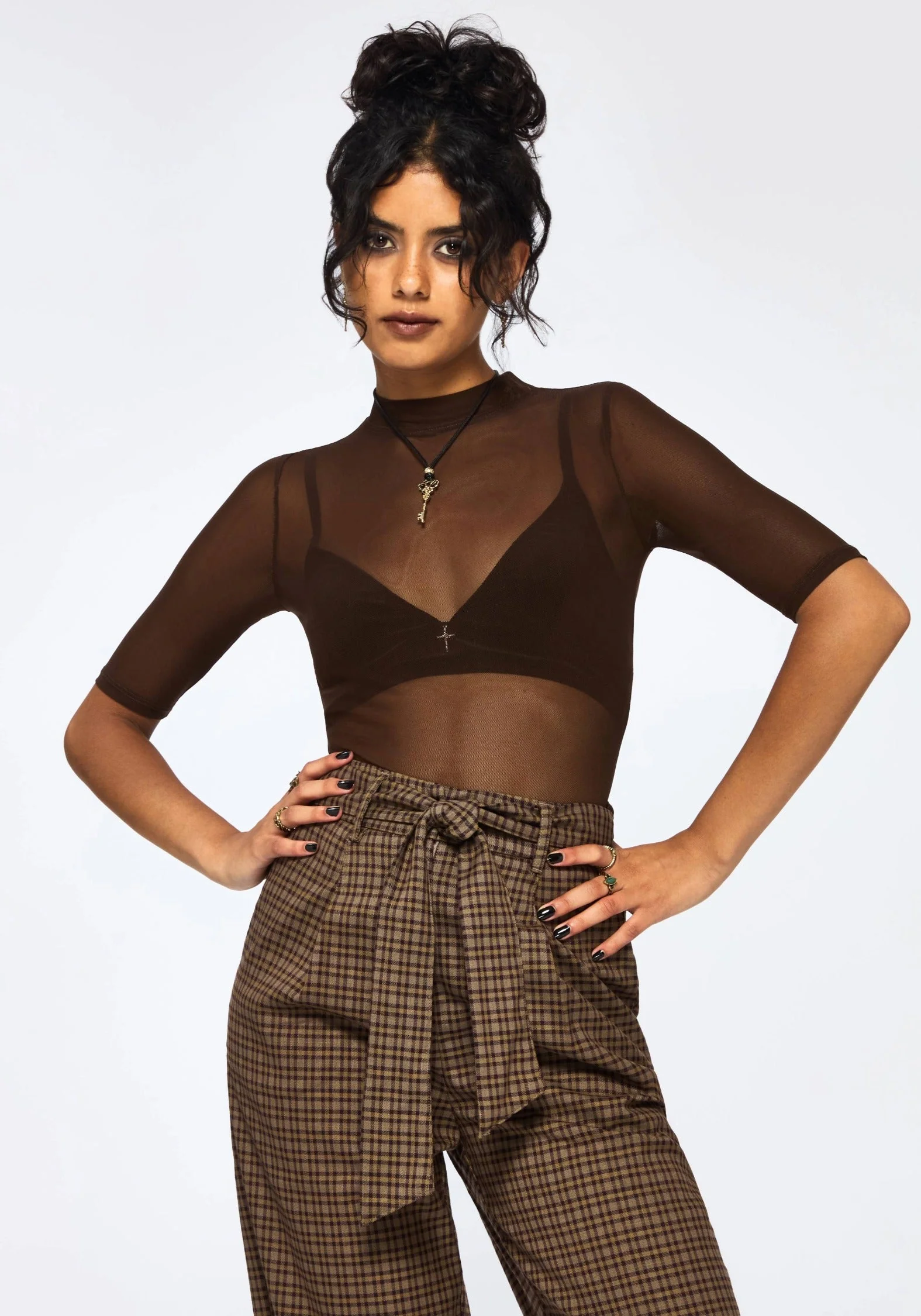 Jinx Mesh Kurz Ärmel Top - Braun - Image 4