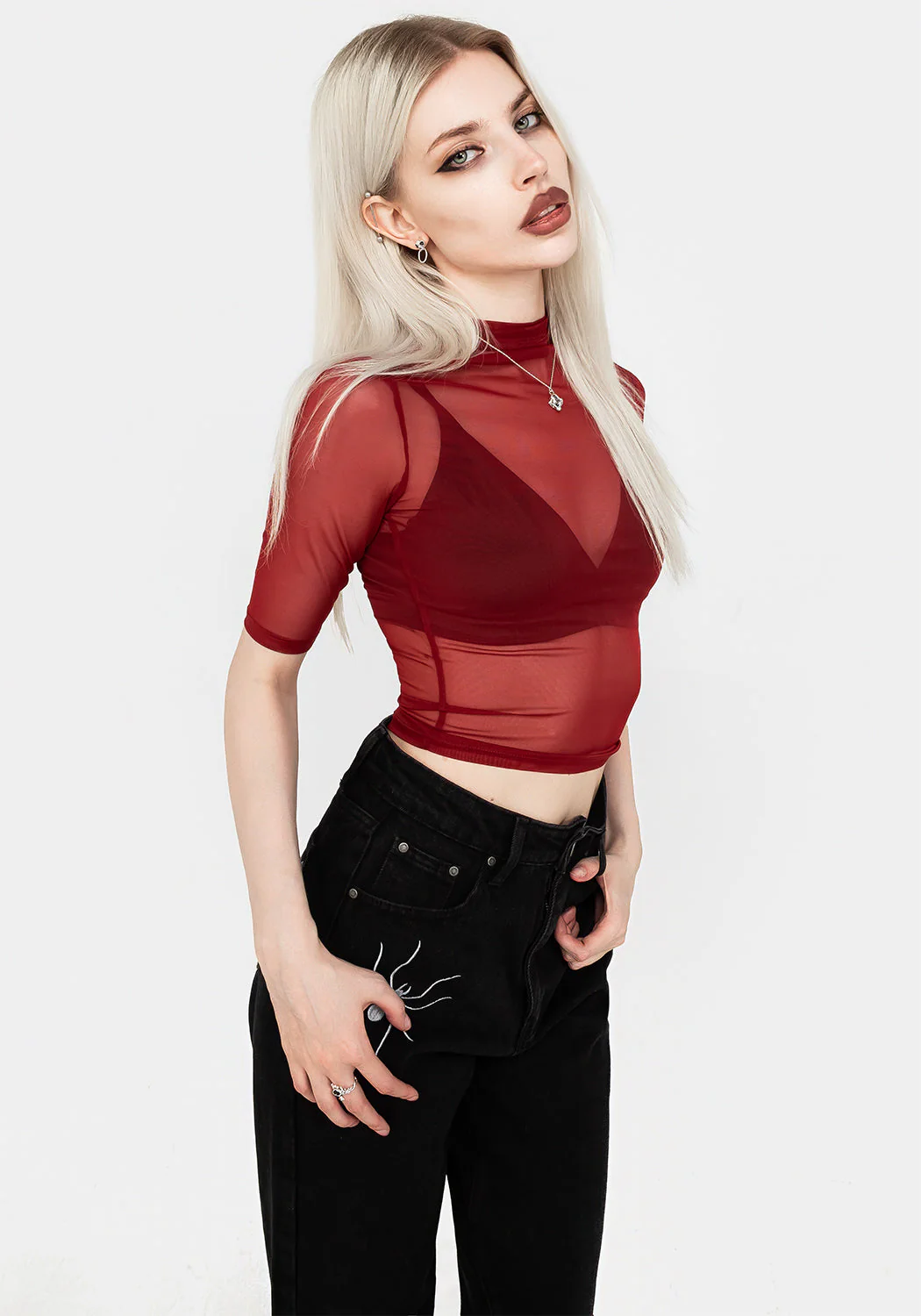 Jinx Mesh Kurz Ärmel Top - Rot - Image 5