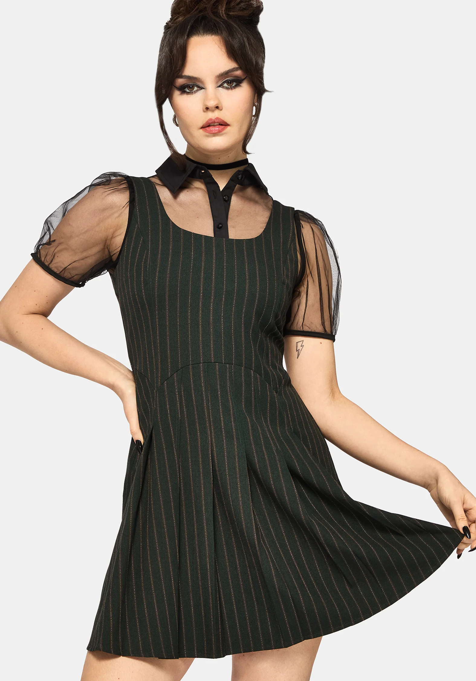 Kera Grün Nadelstreifen Plissiert Mini Kleid - Image 4