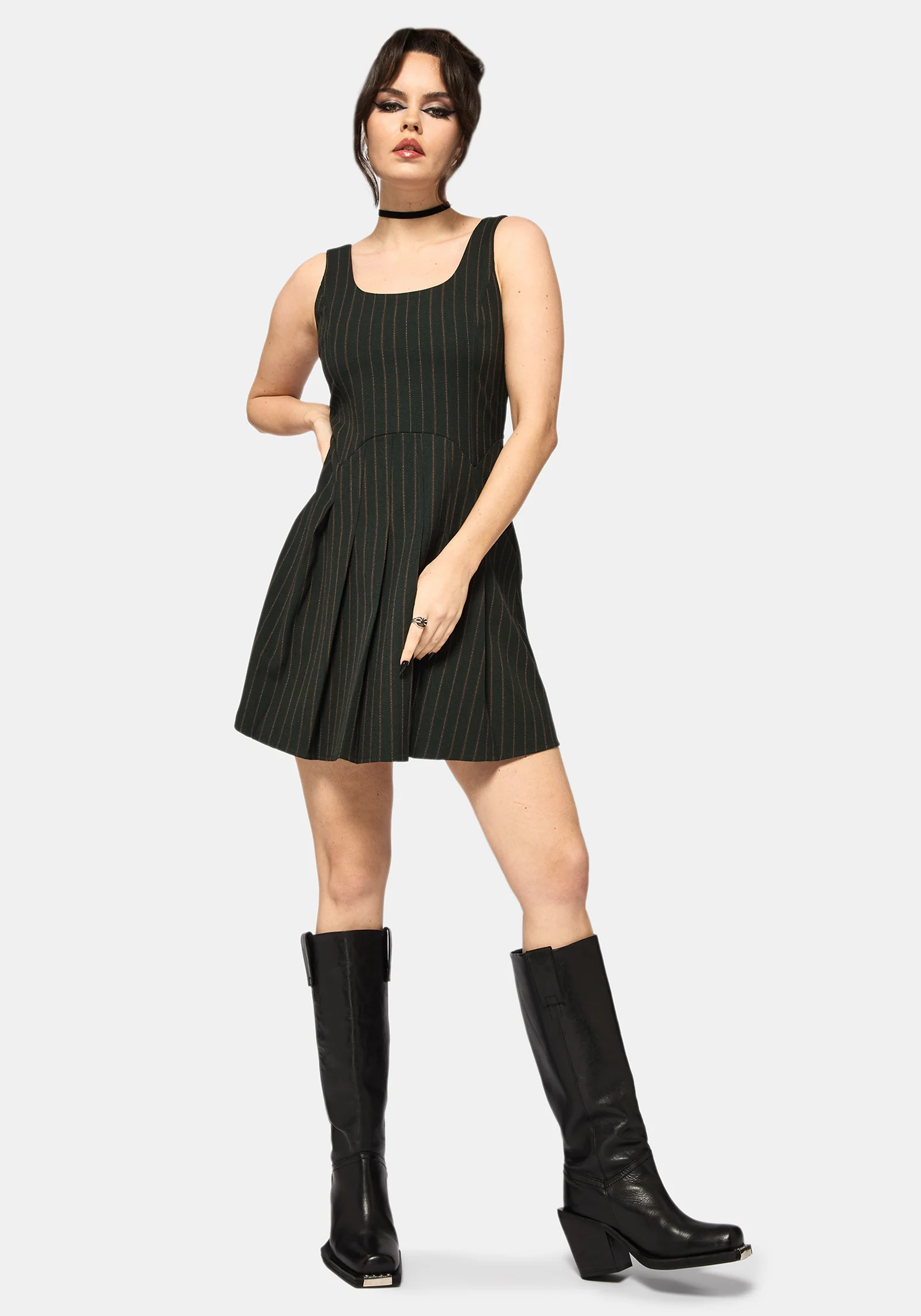 Kera Grün Nadelstreifen Plissiert Mini Kleid - Image 5