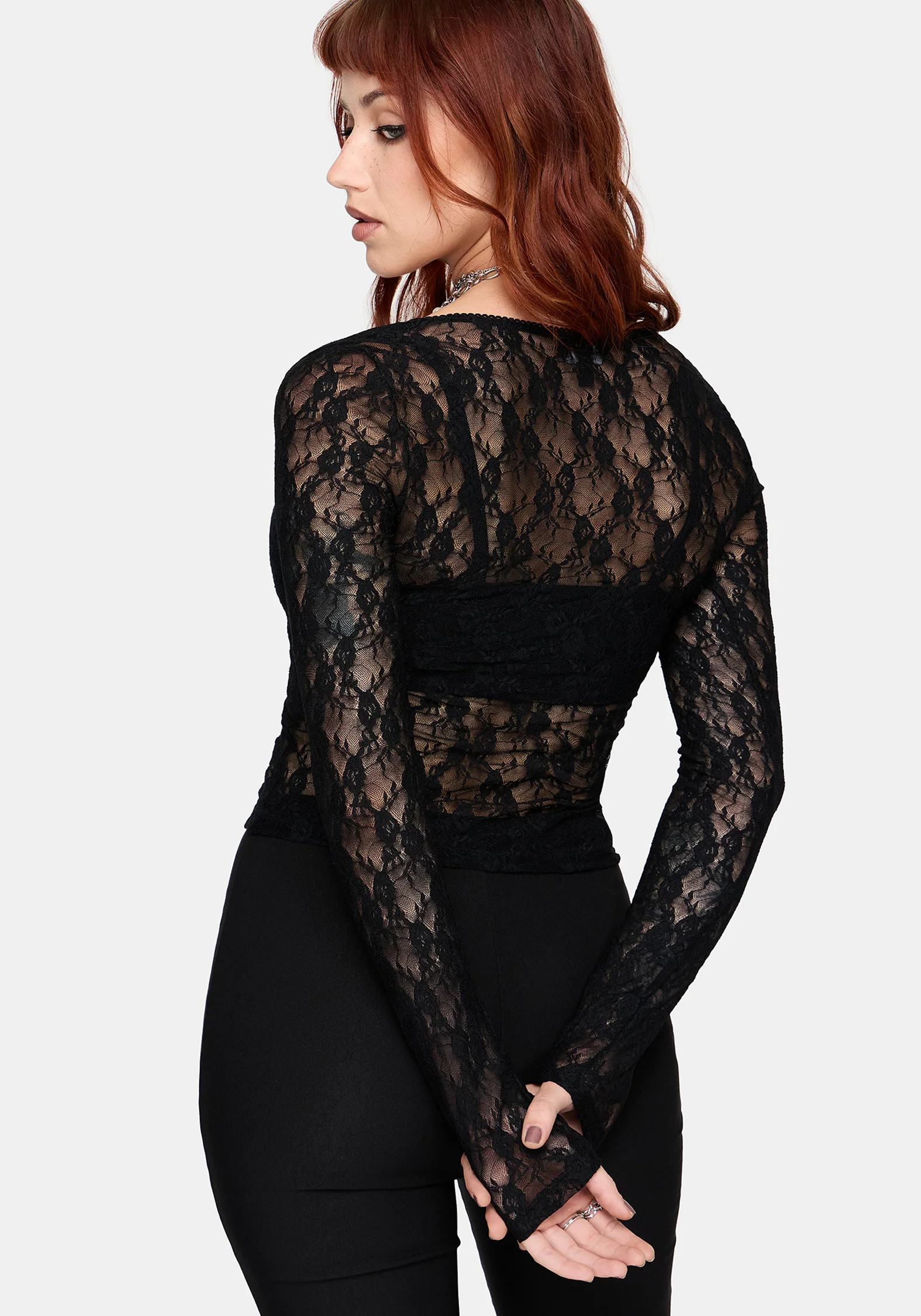 Lucera Long Sleeve Lace Scoop Neck Top - Black - Image 3