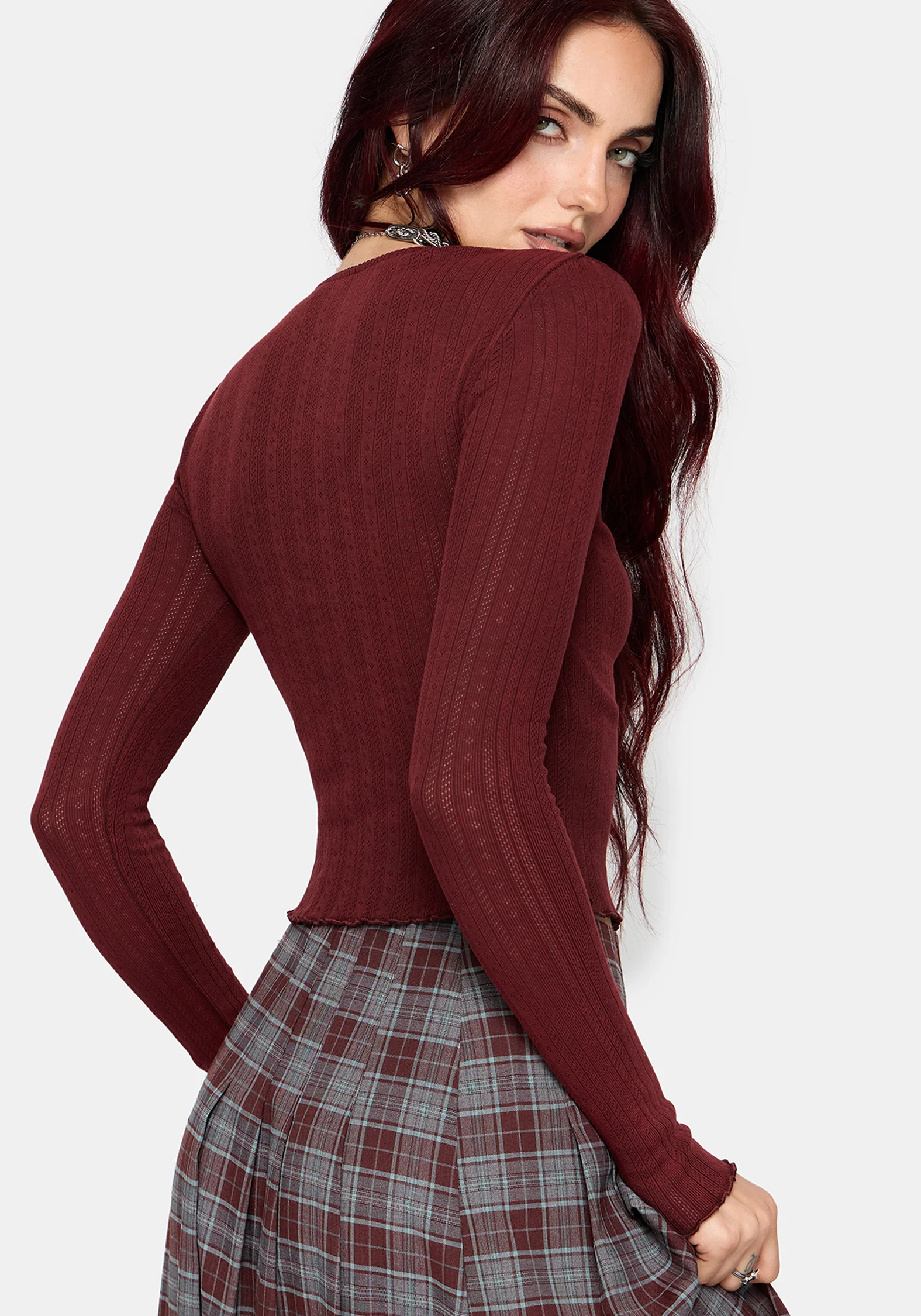 Lucera Pointelle Long Sleeve Cardigan - Red - Image 2