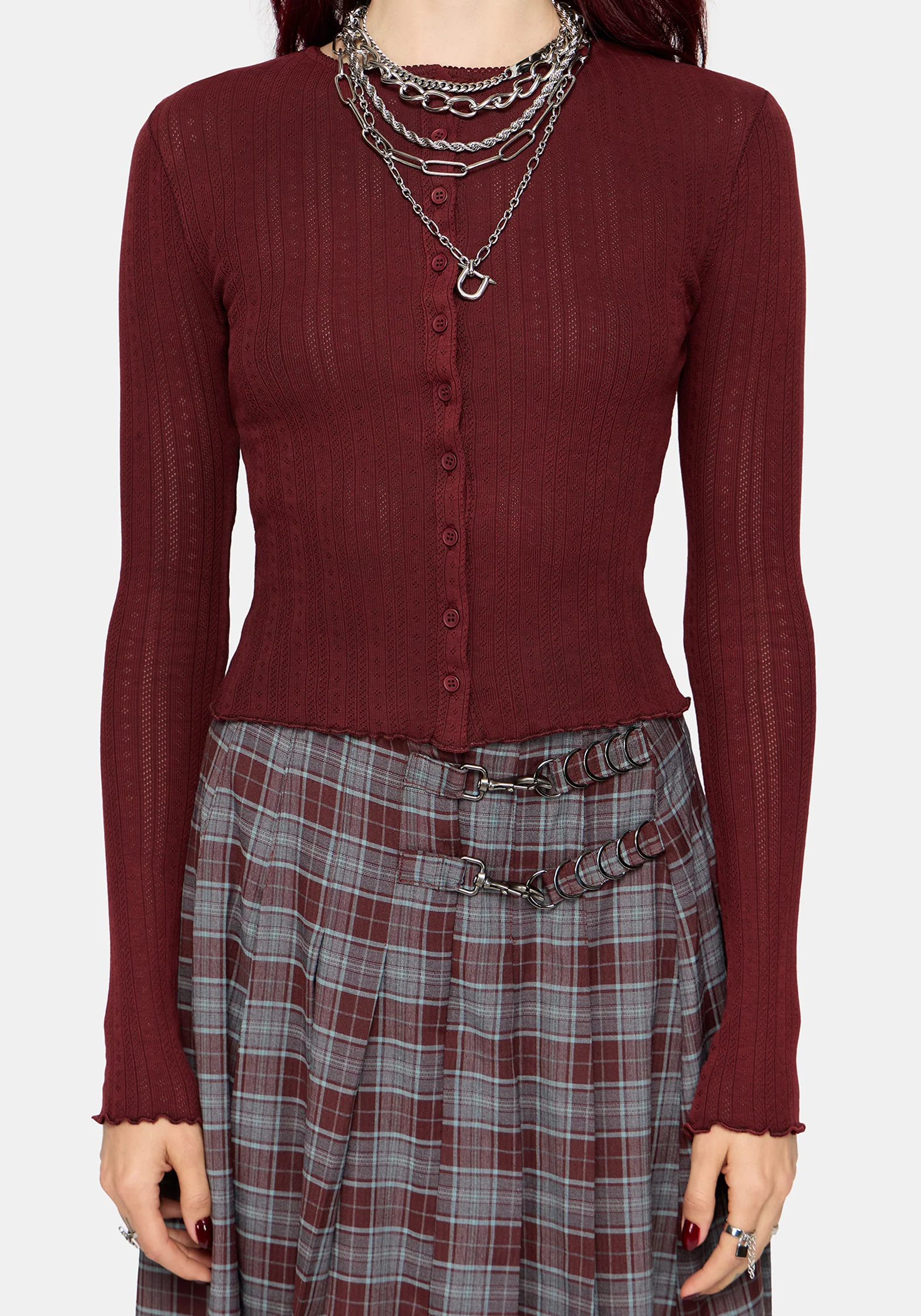 Lucera Pointelle Long Sleeve Cardigan - Red - Image 5