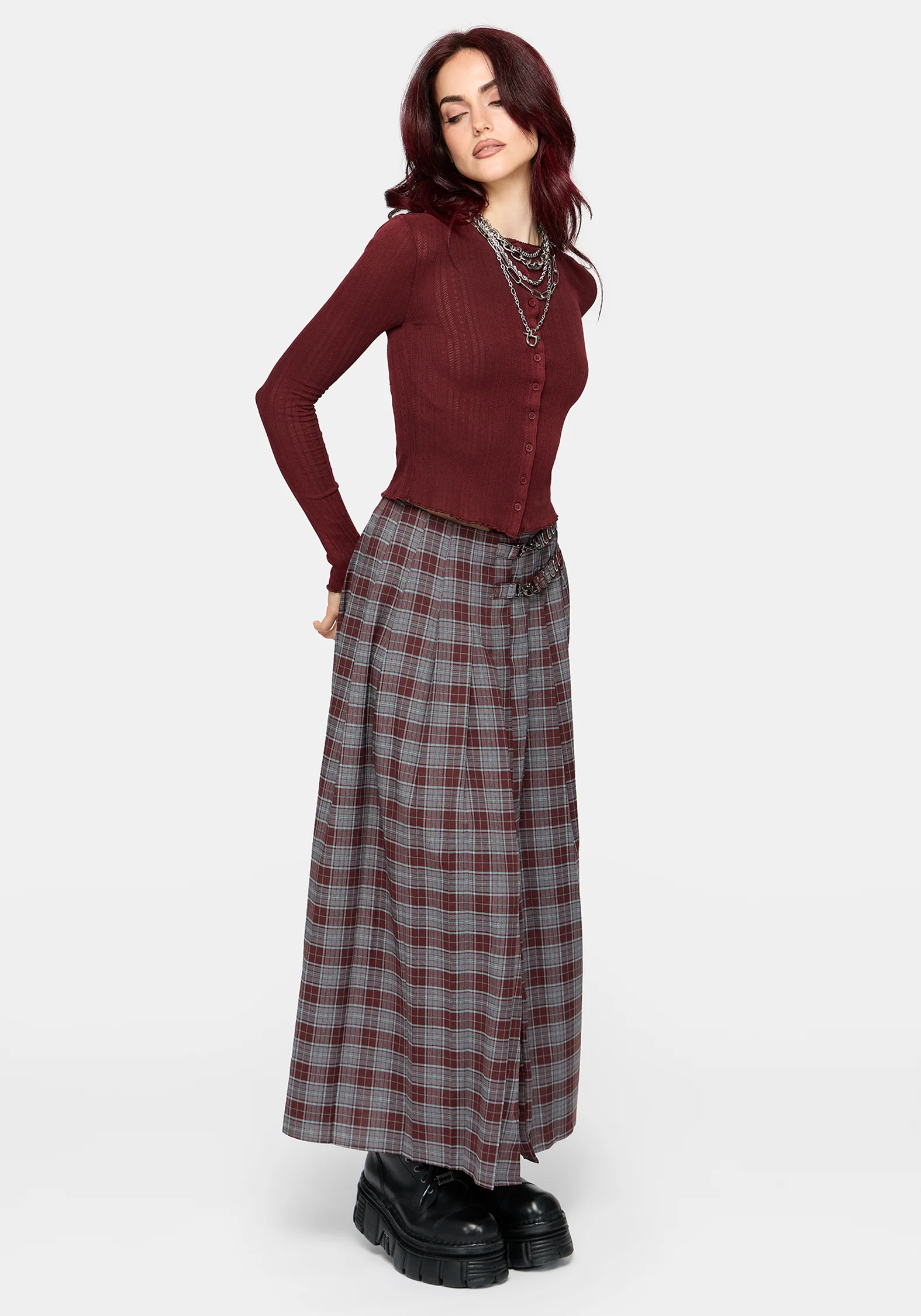 Lucera Pointelle Long Sleeve Cardigan - Red - Image 6