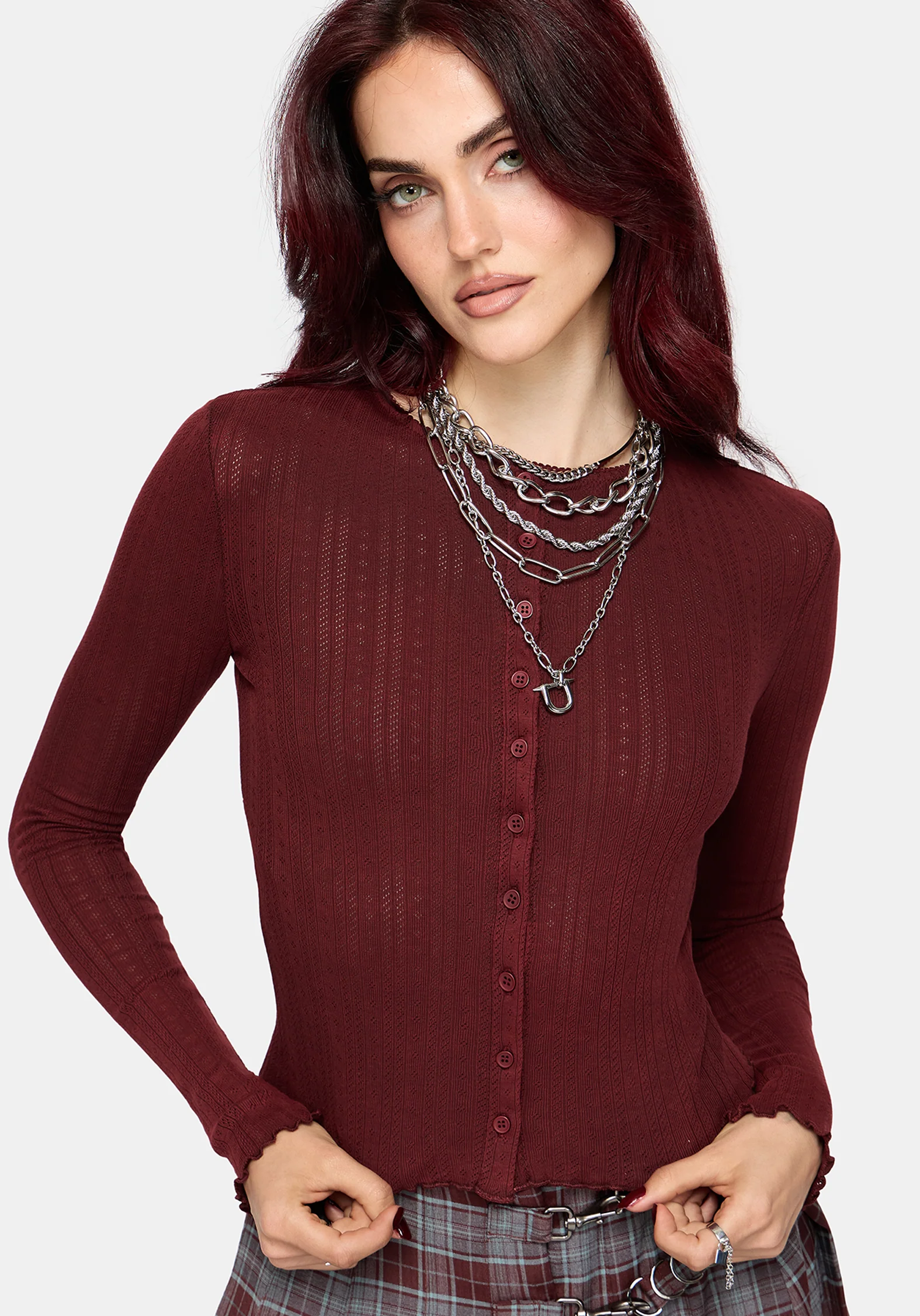 Lucera Pointelle Long Sleeve Cardigan - Red - Image 7