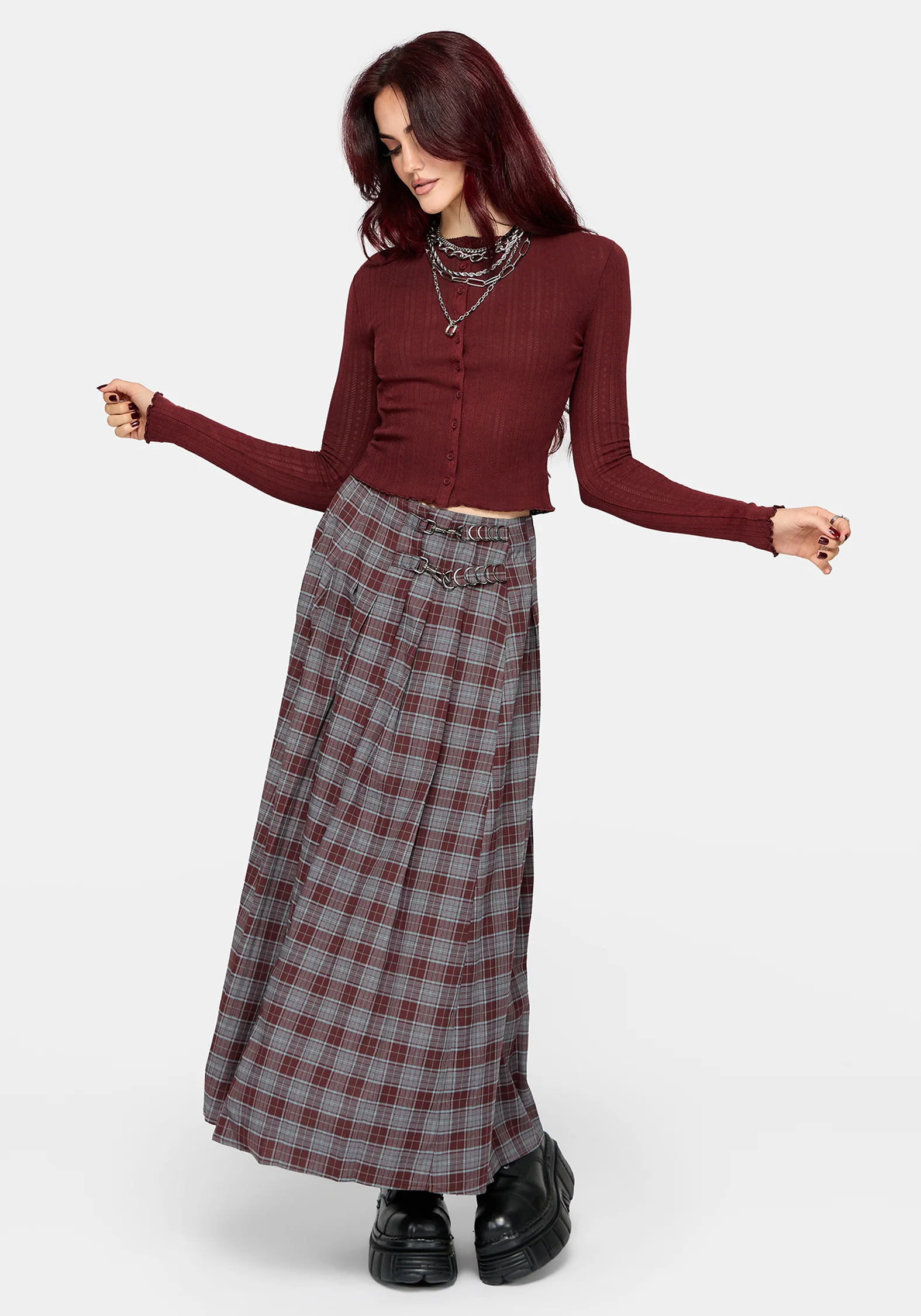Lucera Pointelle Long Sleeve Cardigan - Red - Image 9