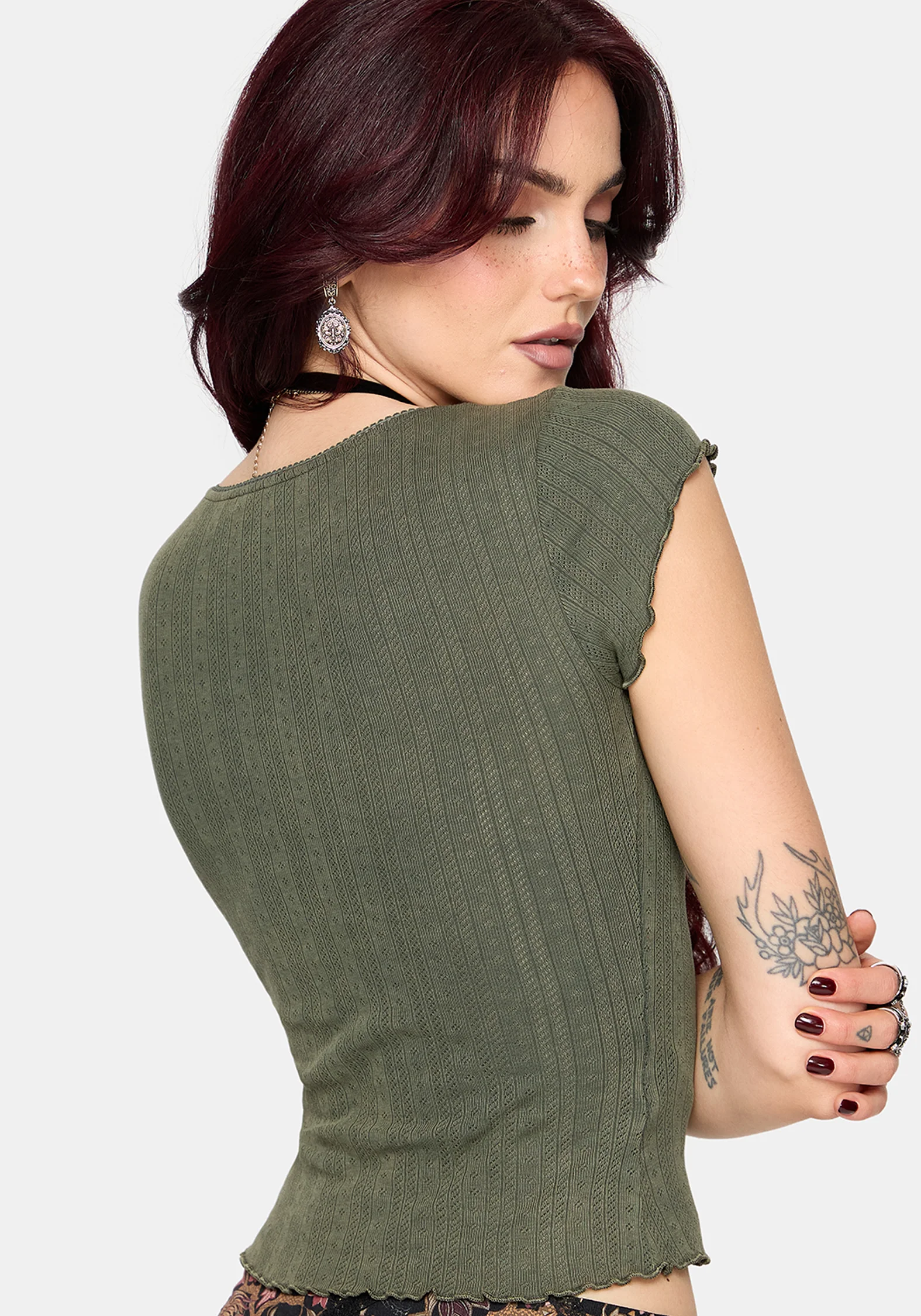 Lucera Short Sleeve Pointelle Scoop Neck Top - Khaki - Image 3