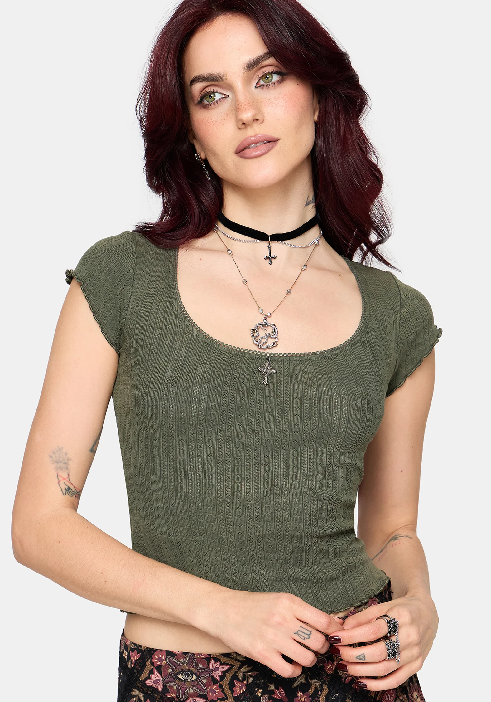 Lucera Short Sleeve Pointelle Scoop Neck Top - Khaki - Image 5