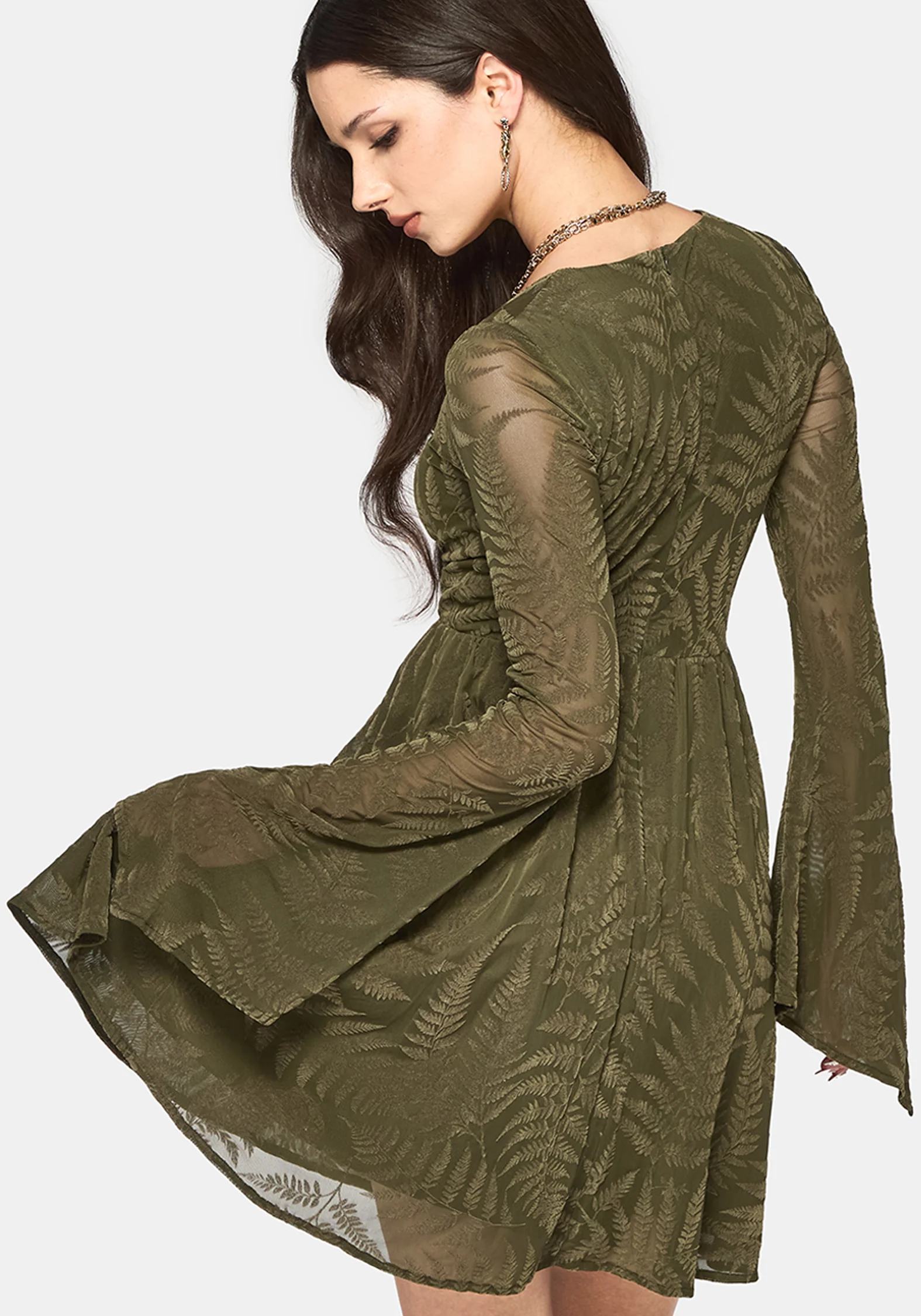 Lunafern Beflockt Farn Flöte Ärmel Mini Kleid - Grün - Image 3