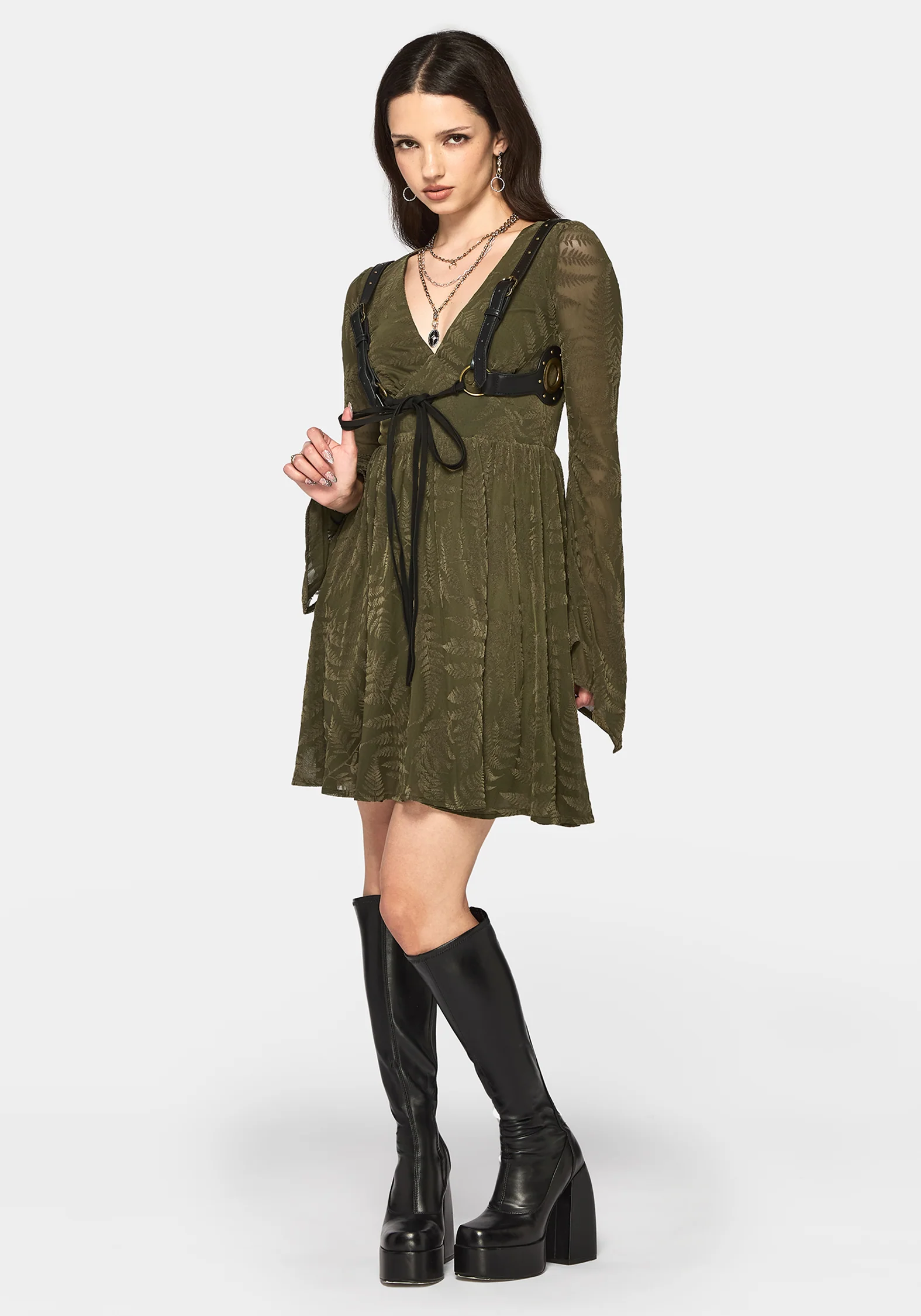 Lunafern Beflockt Farn Flöte Ärmel Mini Kleid - Grün - Image 4
