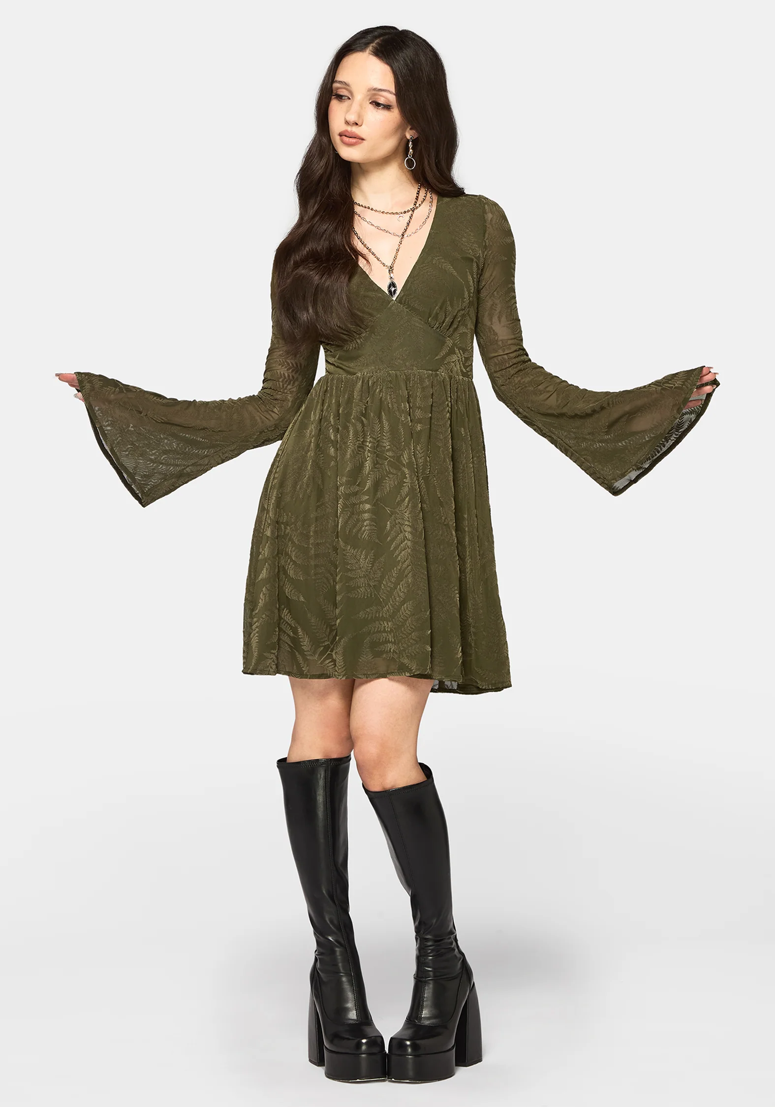 Lunafern Beflockt Farn Flöte Ärmel Mini Kleid - Grün - Image 5