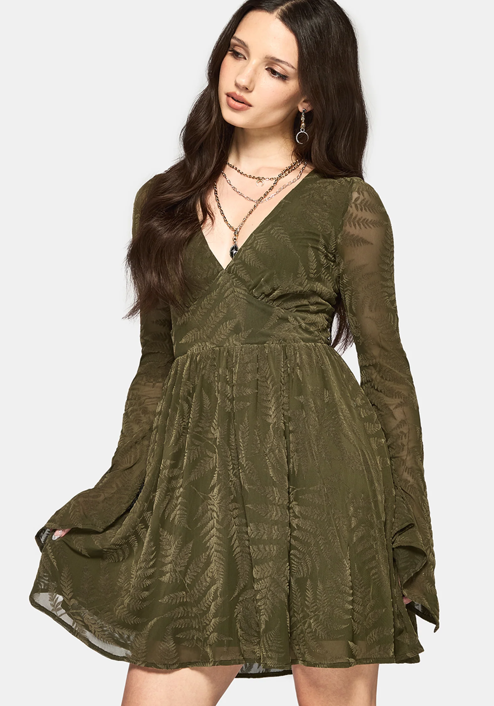 Lunafern Beflockt Farn Flöte Ärmel Mini Kleid - Grün - Image 6