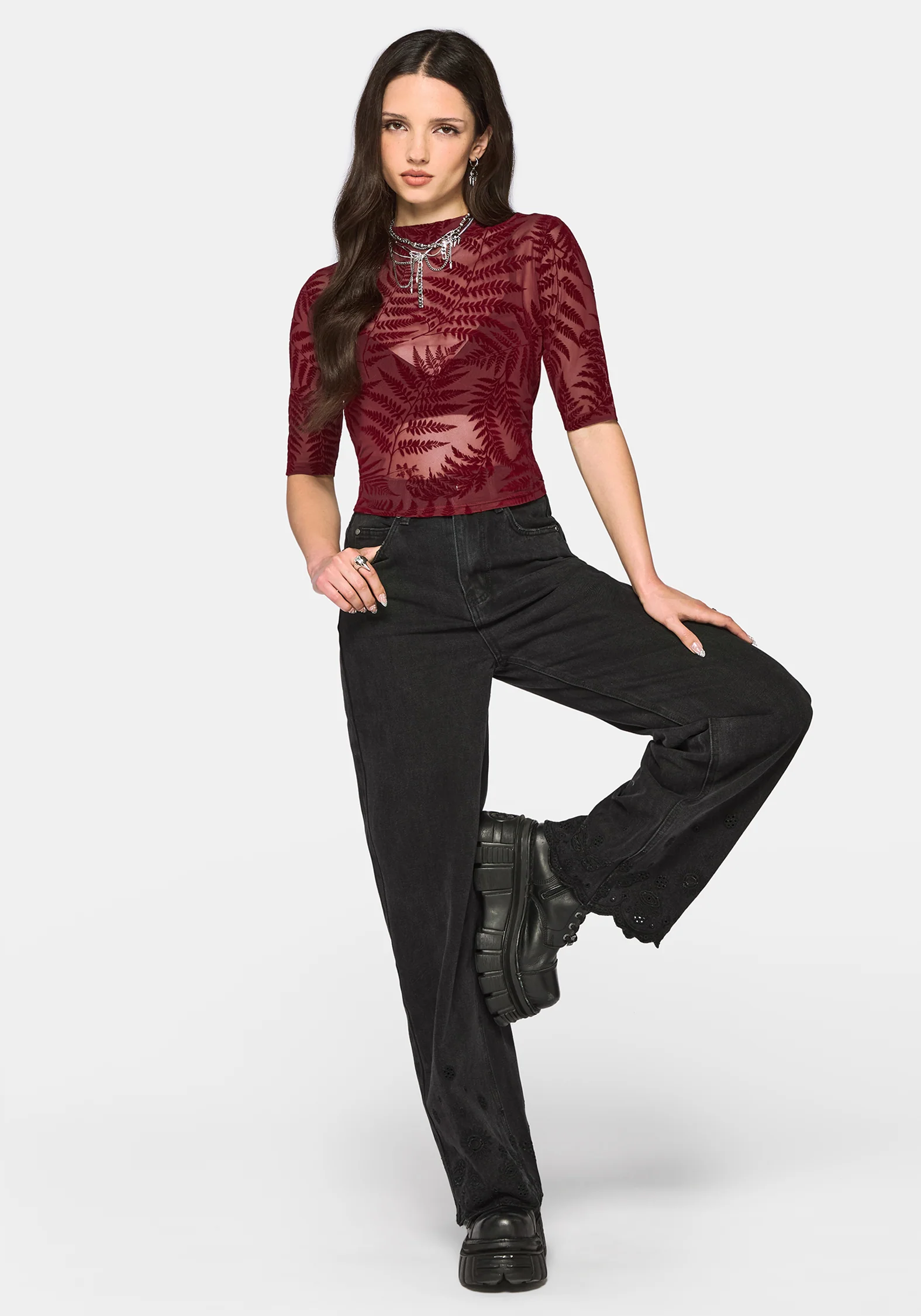 Lunafern Flocked Fern Short Sleeve Mesh Top - Burgundy - Image 2