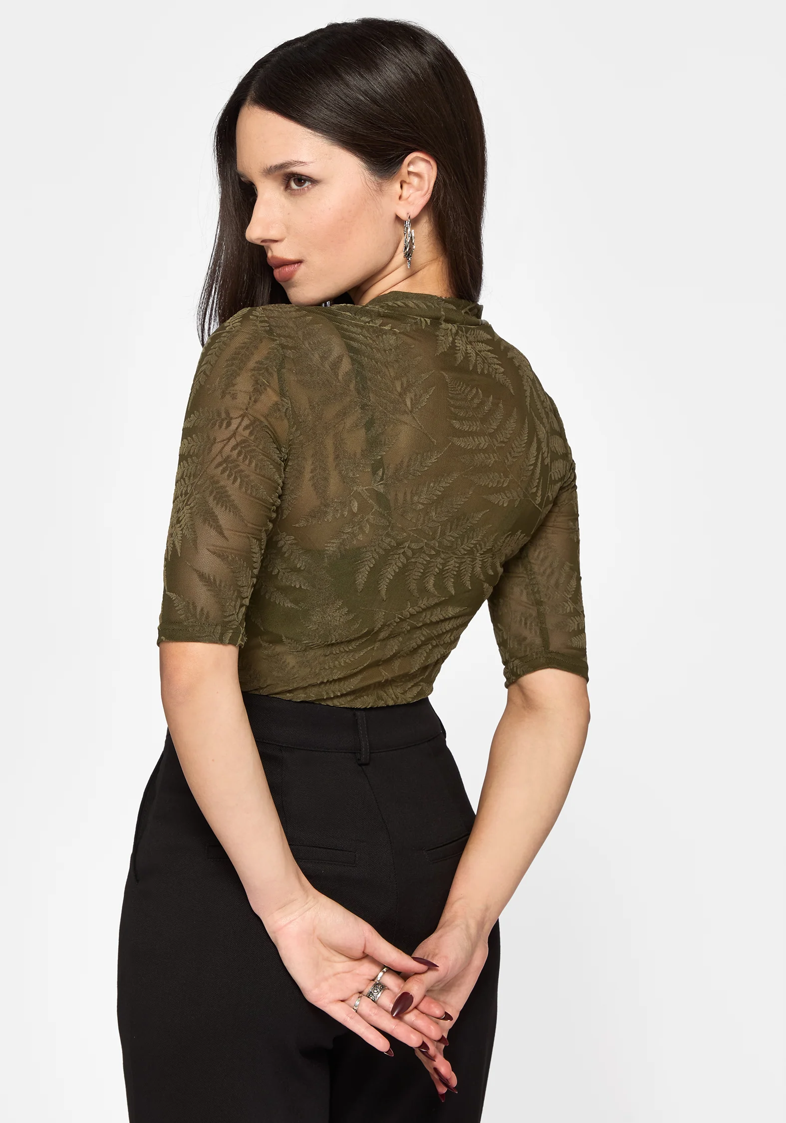 Lunafern Flocked Fern Short Sleeve Mesh Top - Green - Image 2