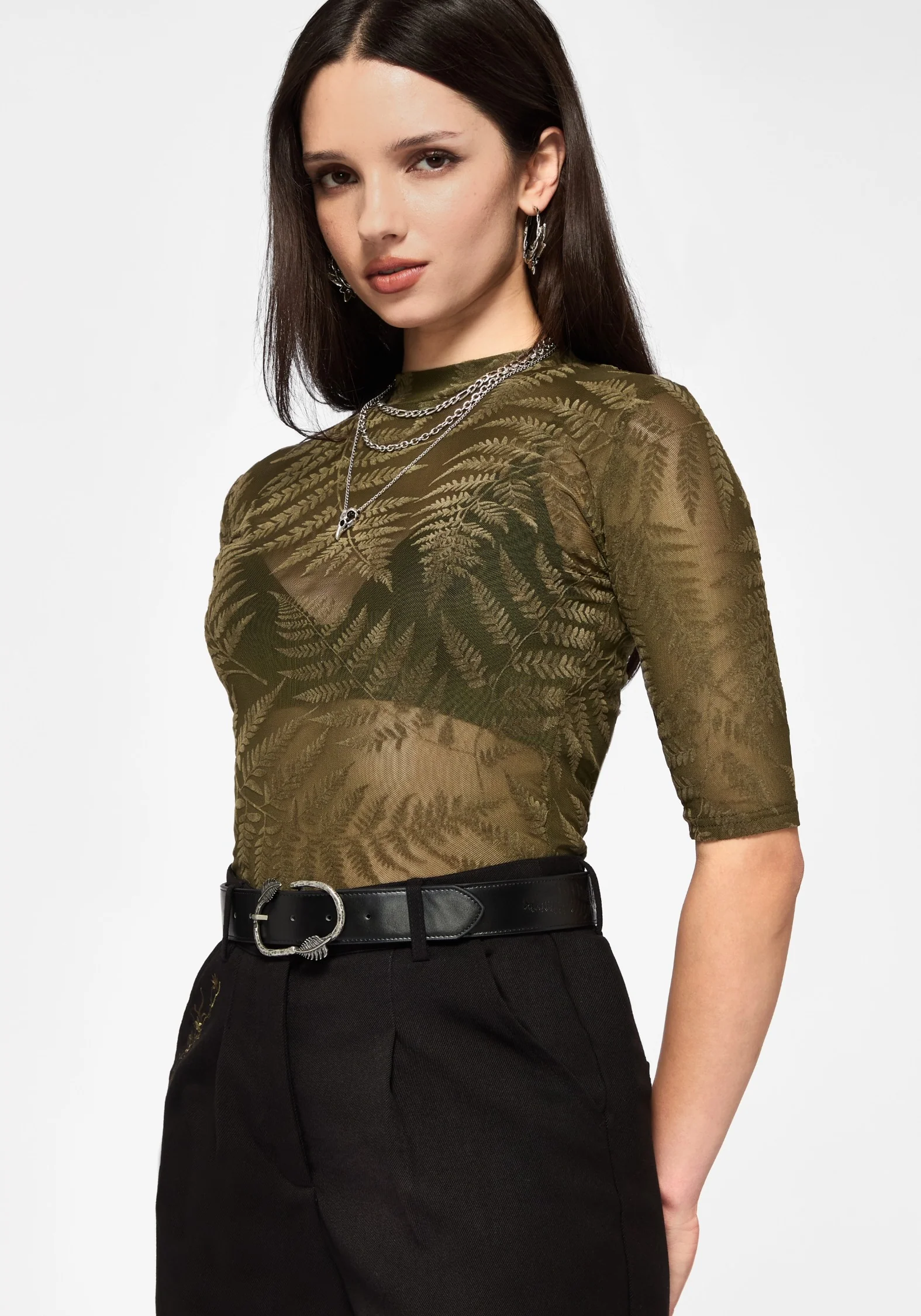 Lunafern Flocked Fern Short Sleeve Mesh Top - Green - Image 3