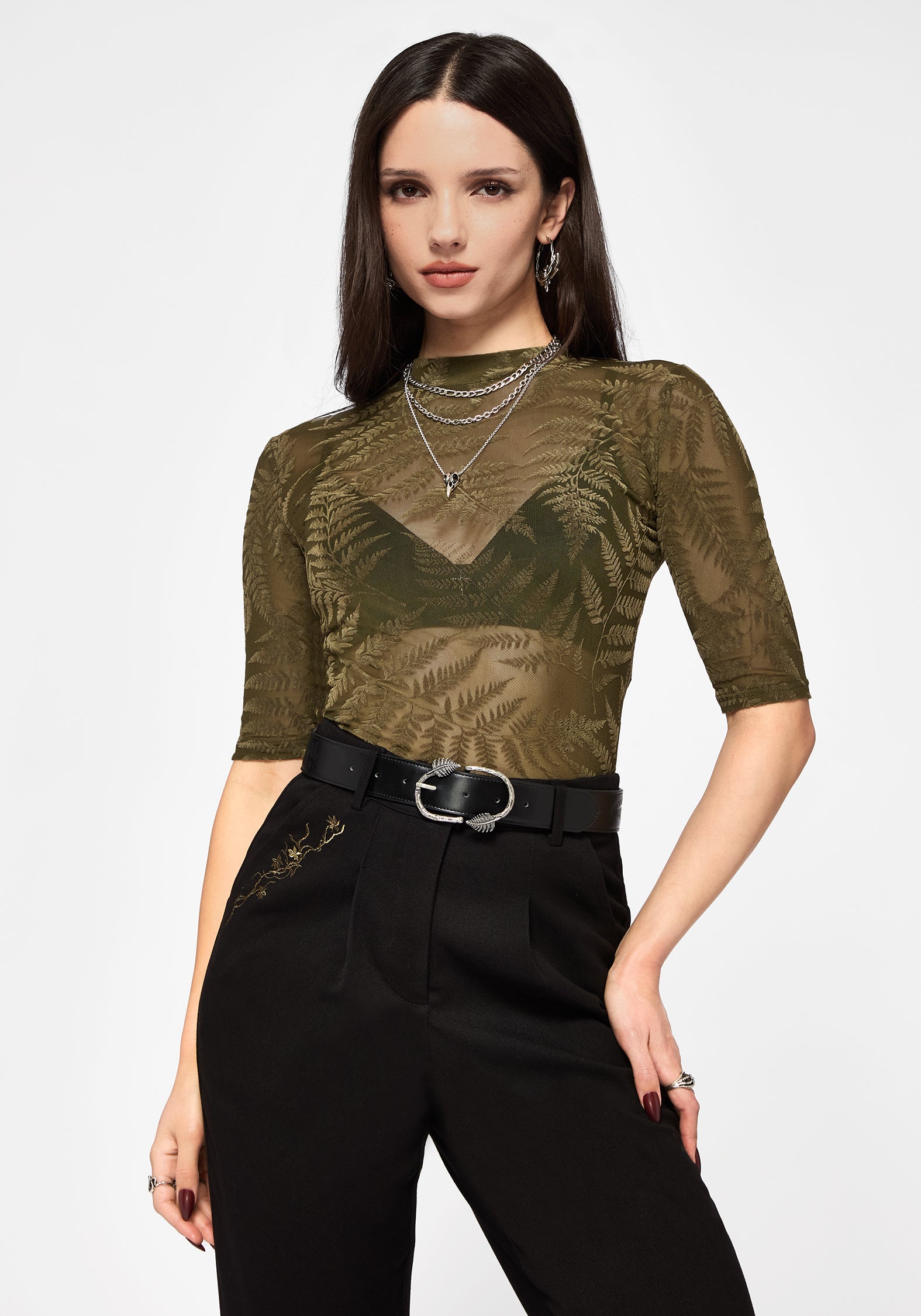 Lunafern Flocked Fern Short Sleeve Mesh Top - Green - Image 6