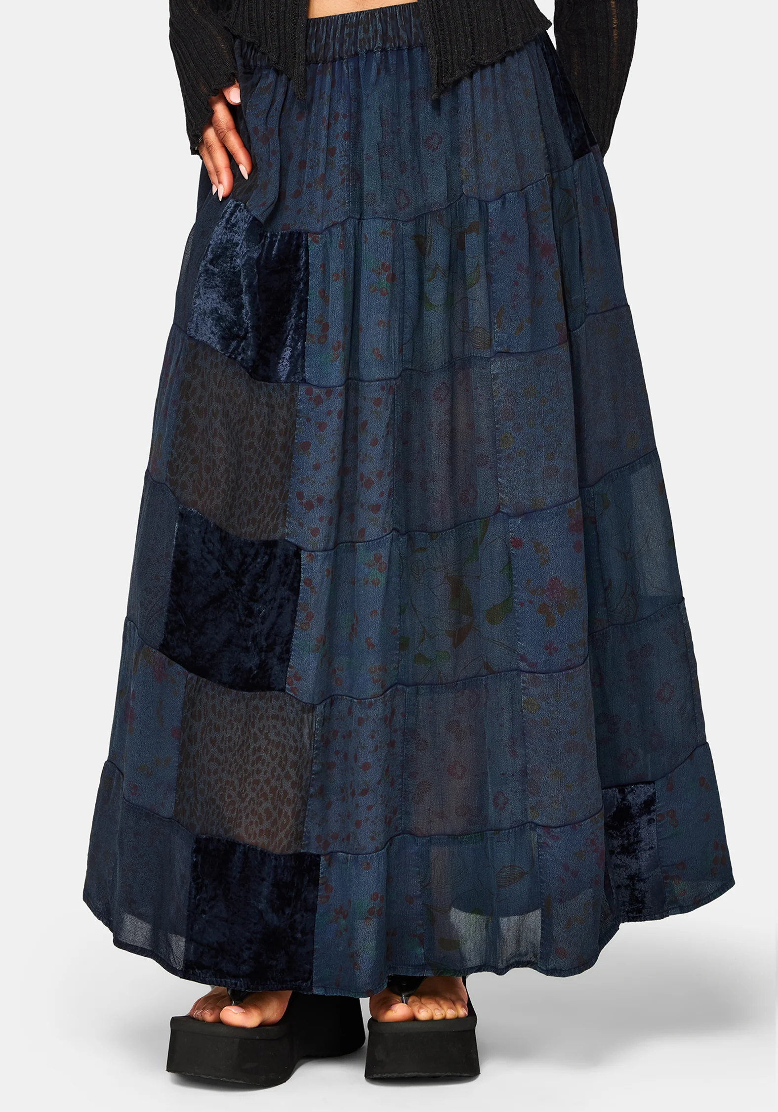 Mabel Floral Printed Patchwork Skirt - Navy - Image 6