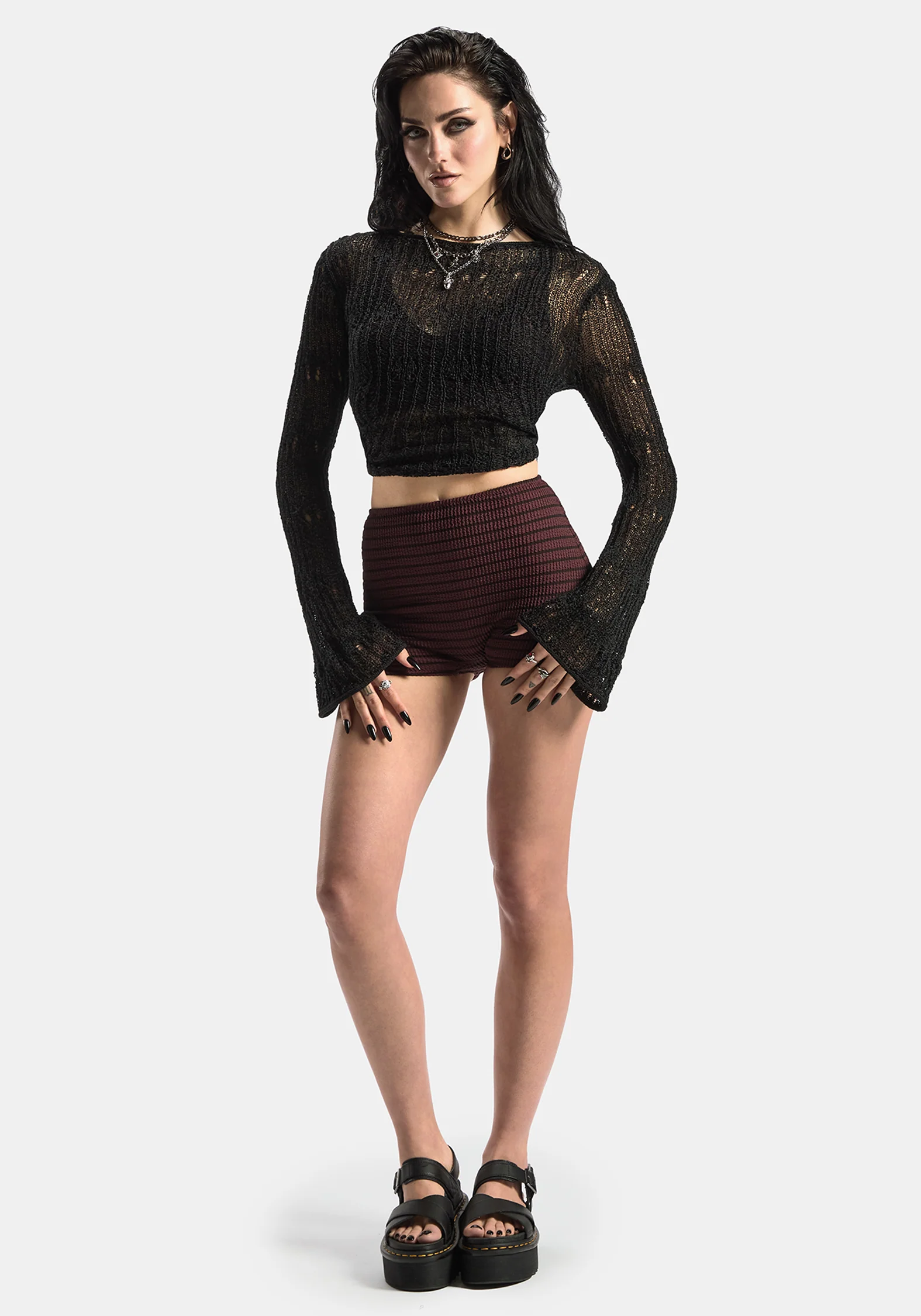 Mire Streifen Hoch Taille Schwimmen Shorts - Burgunderrot - Image 4