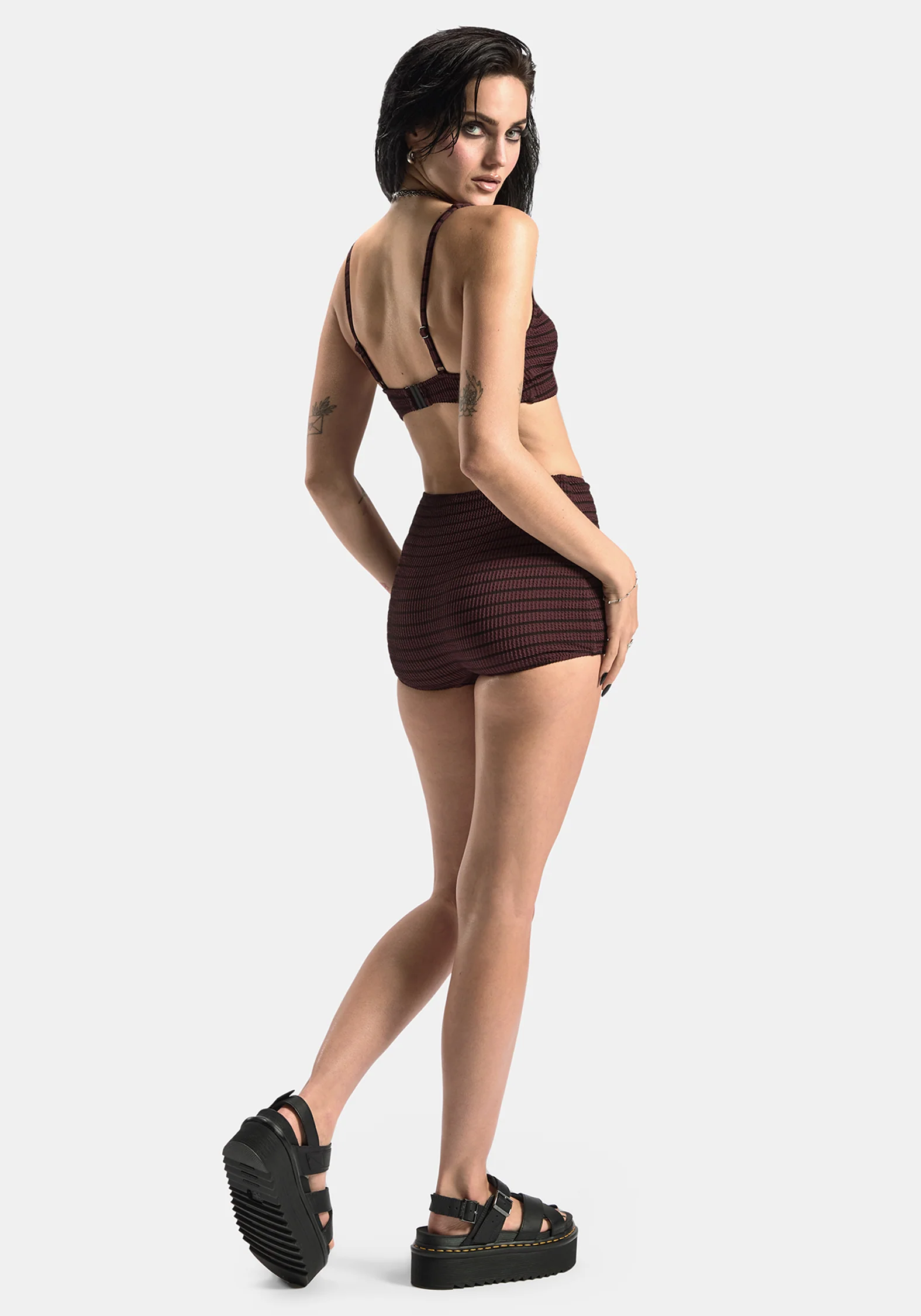 Mire Streifen Hoch Taille Schwimmen Shorts - Burgunderrot - Image 7
