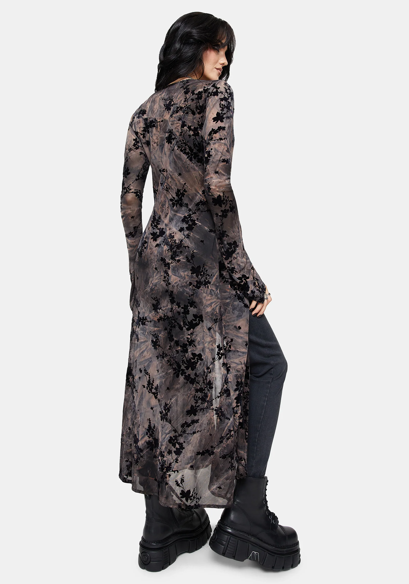 Monroe Beflockt Mesh Lang Ärmel Midaxi Überkleid - Image 3