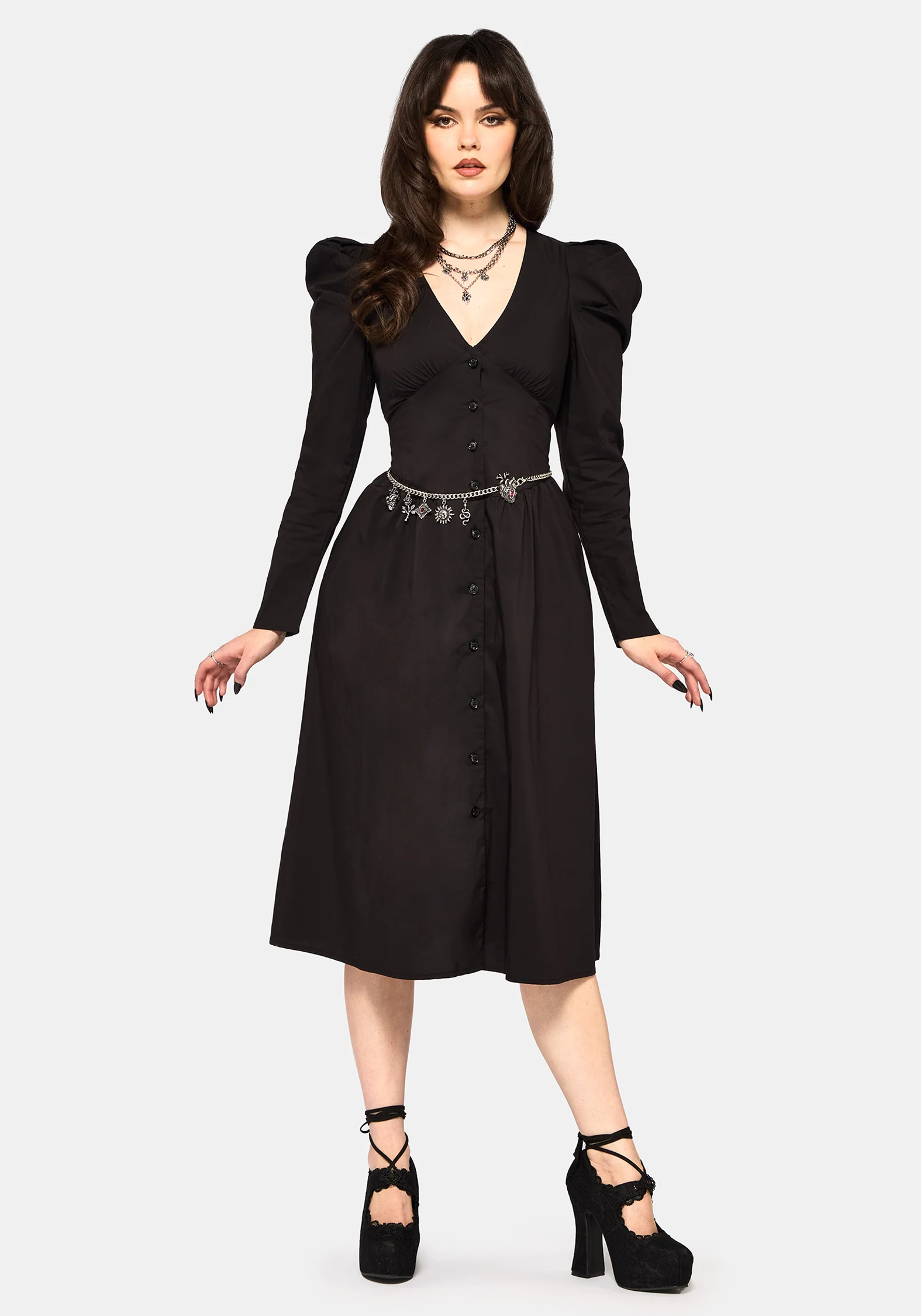 Morag Knopf Hoch Mutton Ärmel Baumwolle Midi Kleid - Image 4