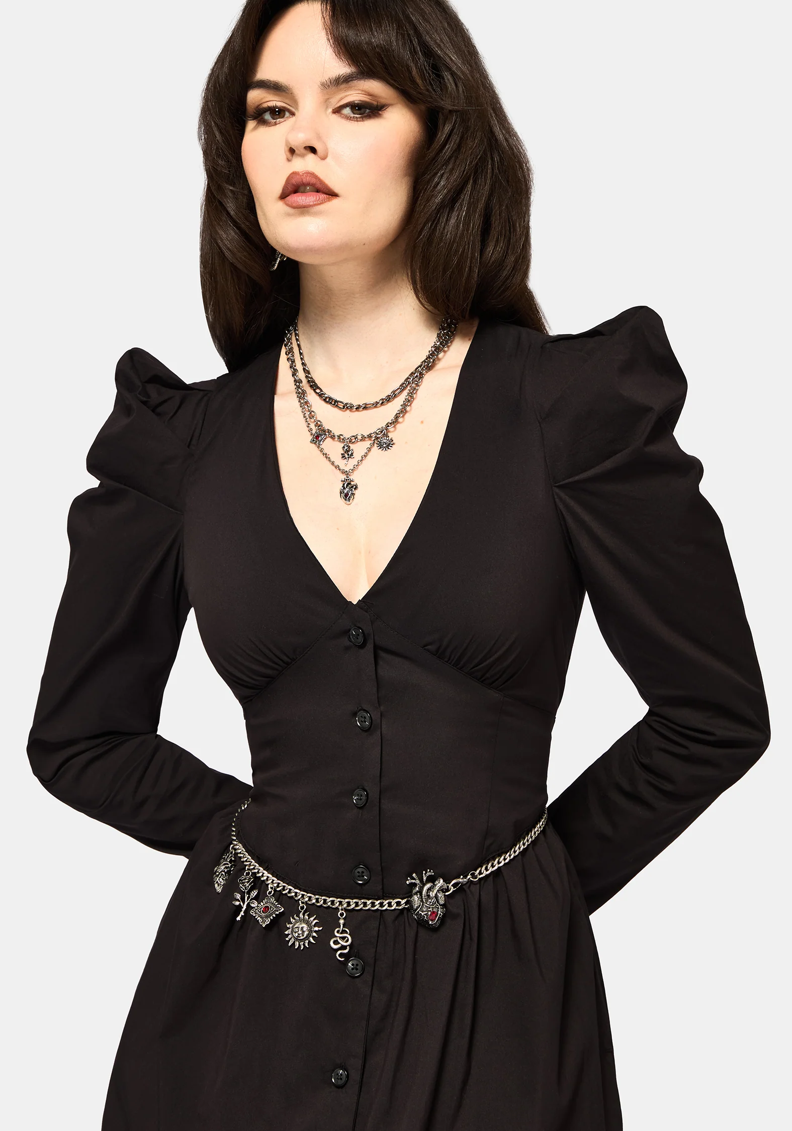 Morag Knopf Hoch Mutton Ärmel Baumwolle Midi Kleid - Image 5