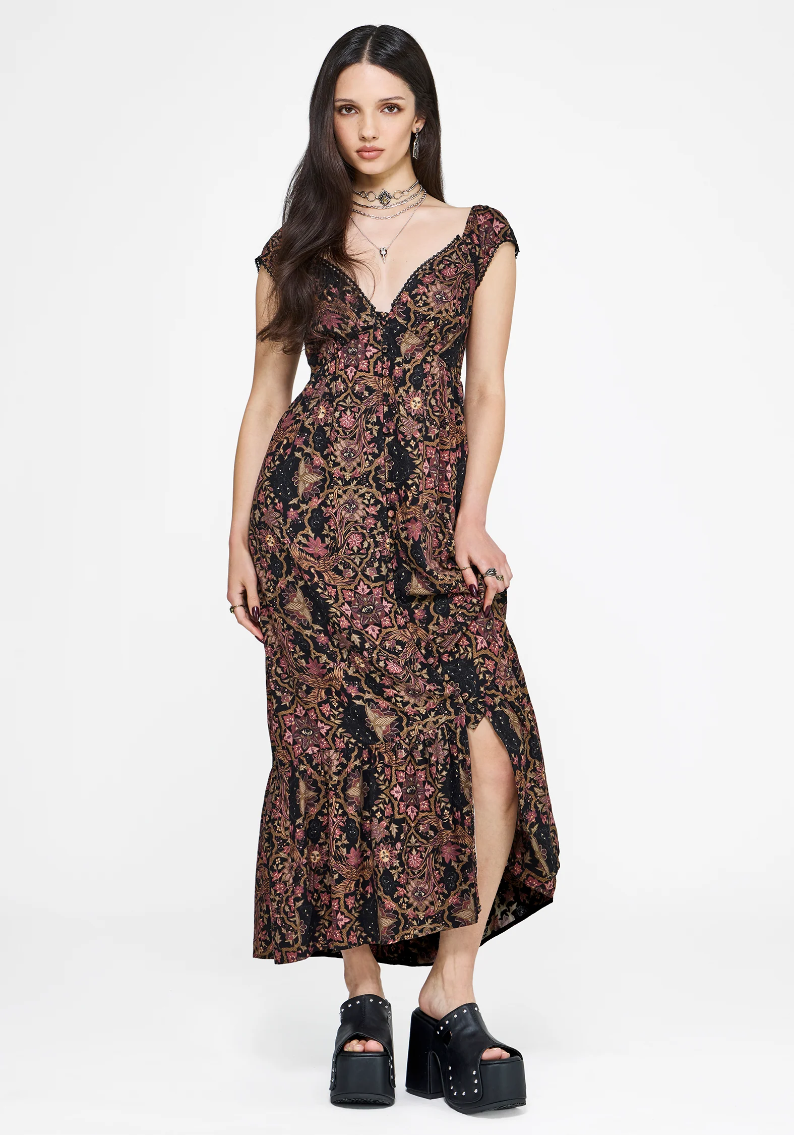 Mythos Druck Milkmaid Rüsche Midaxi Kleid - Image 4